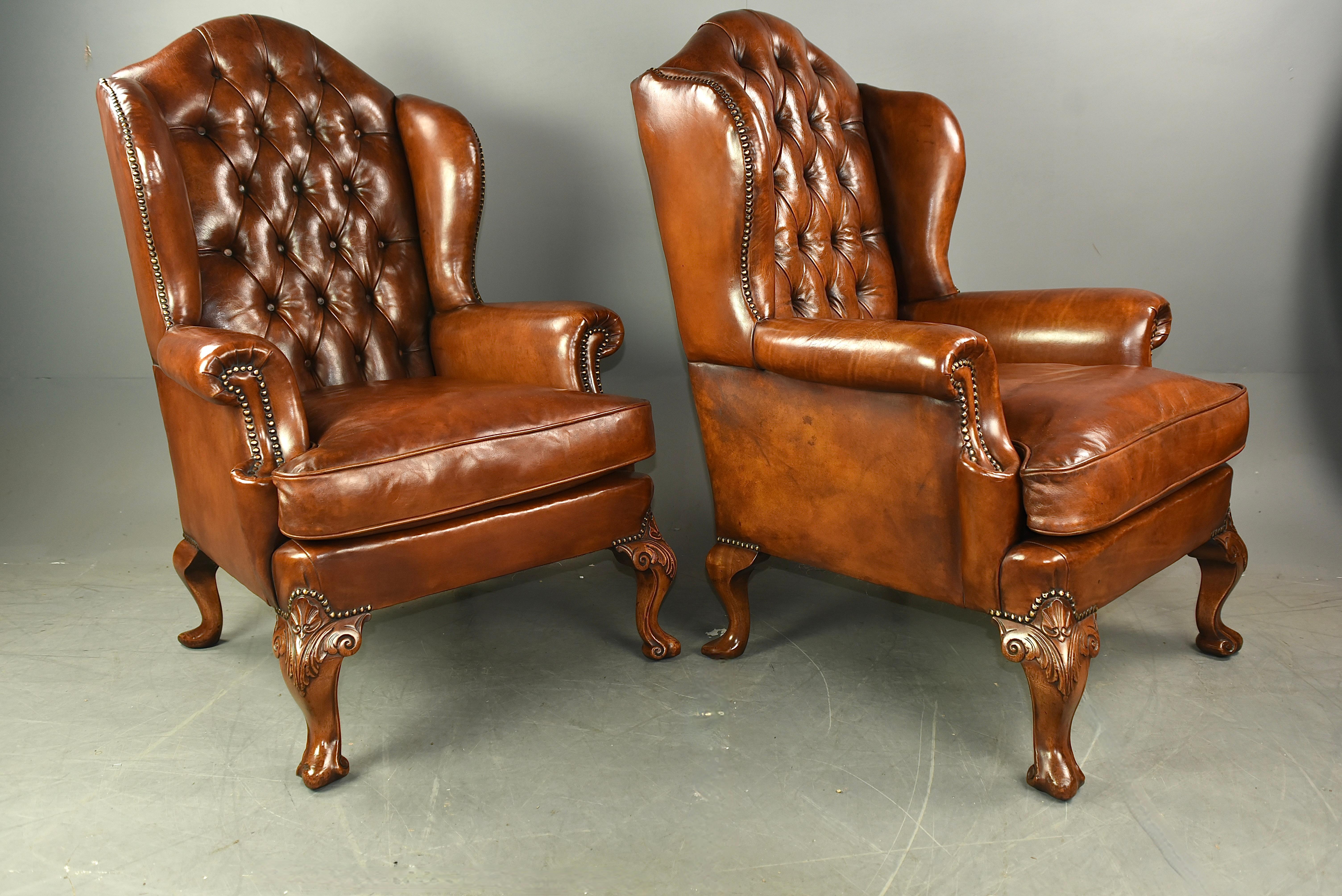 English Antique pair of Georgian leather wing chairs  For Sale