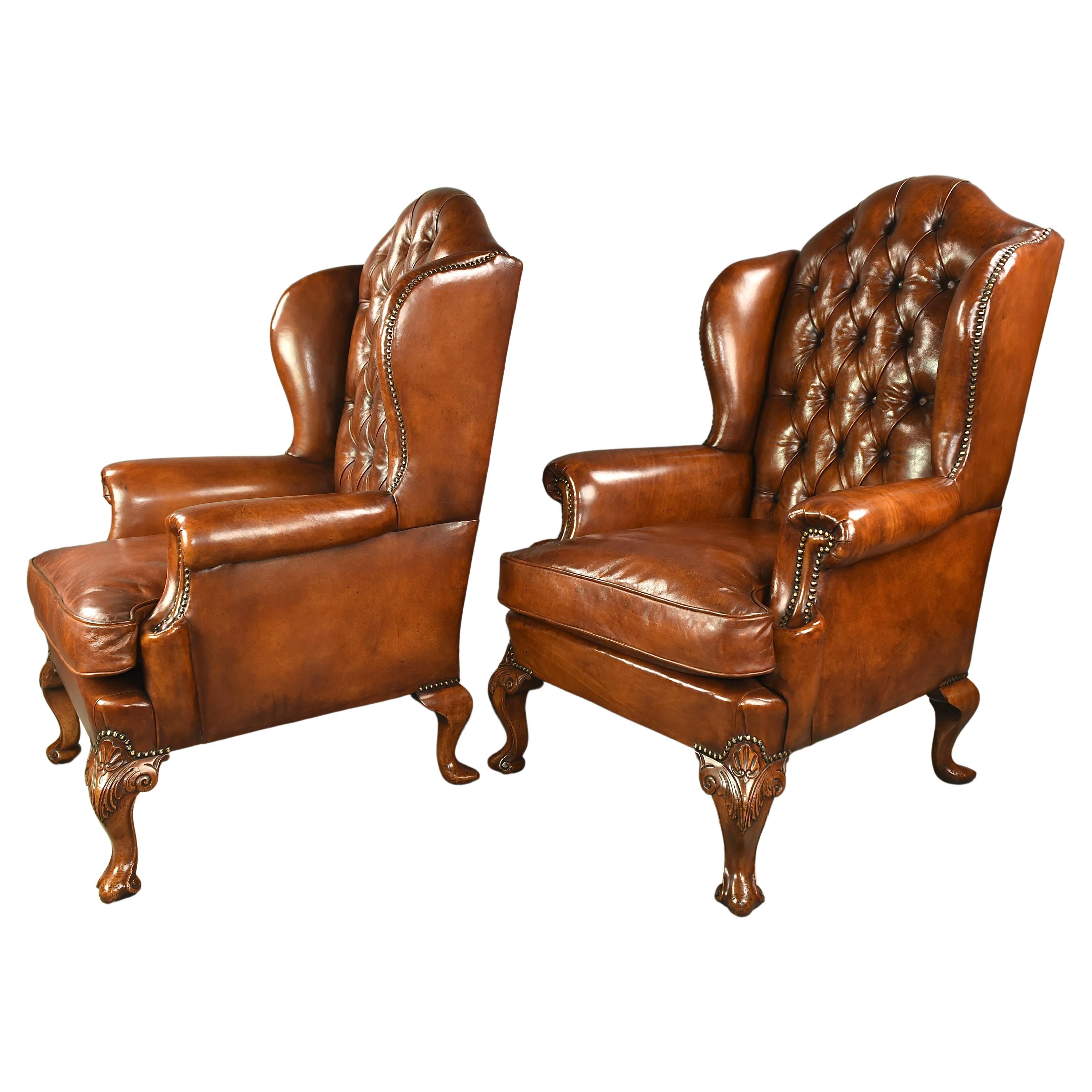 Antique pair of Georgian leather wing chairs 