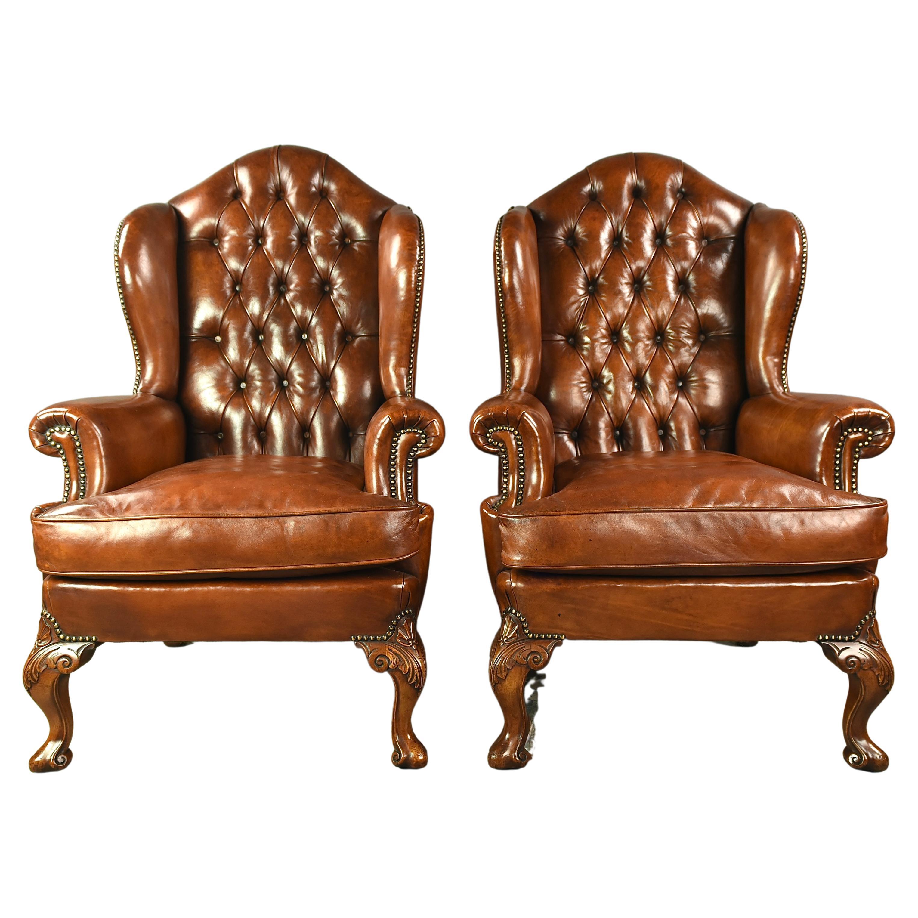 Antique pair of Georgian leather wing chairs 