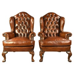 Antique pair of Georgian leather wing chairs 