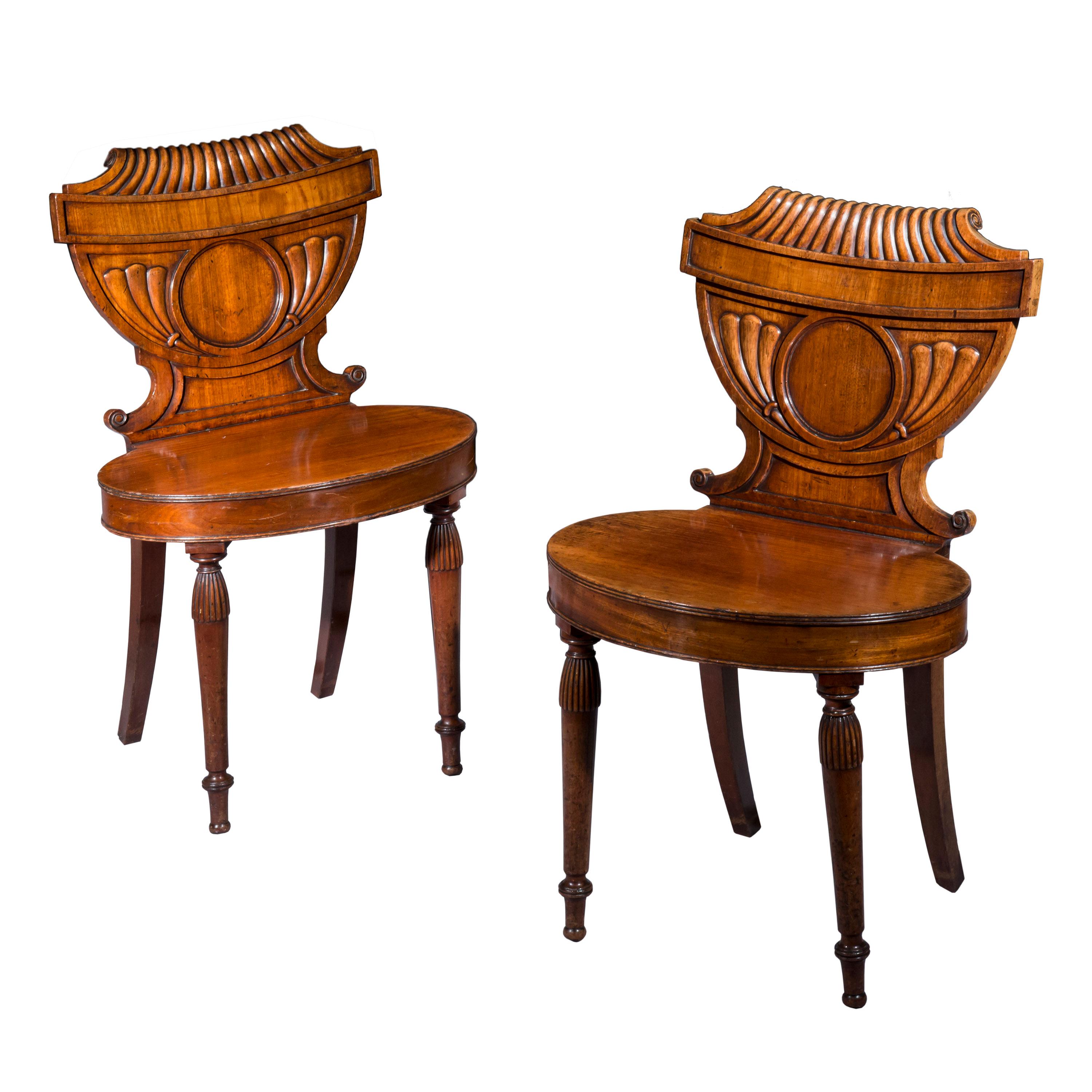 Wood Antique Pair of Georgian Regency Hall Chairs, circa 1800