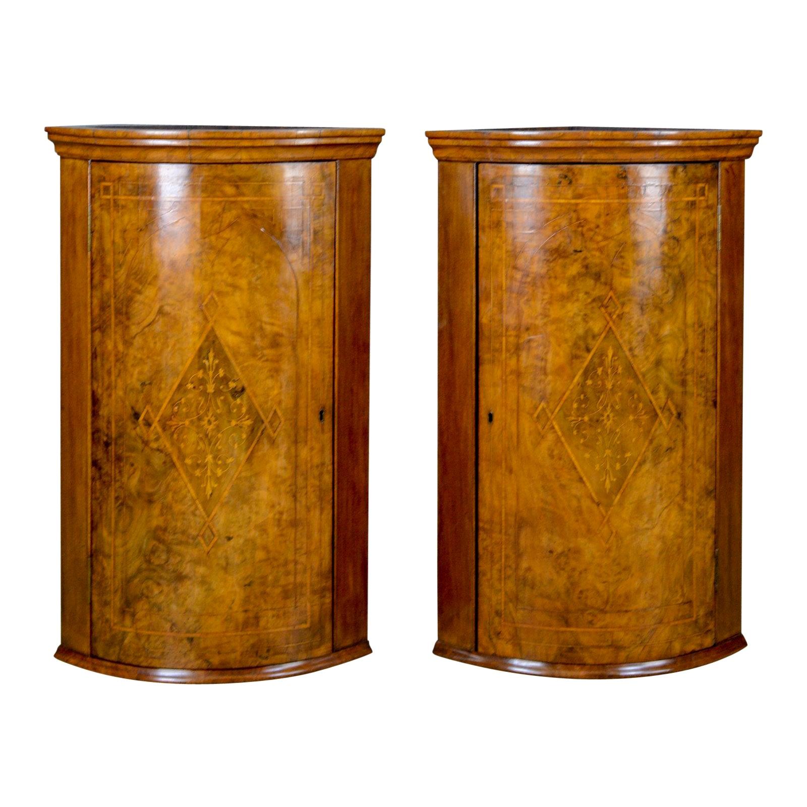 Antique Pair of Georgian Revival Corner Cabinets, English, Burr Walnut