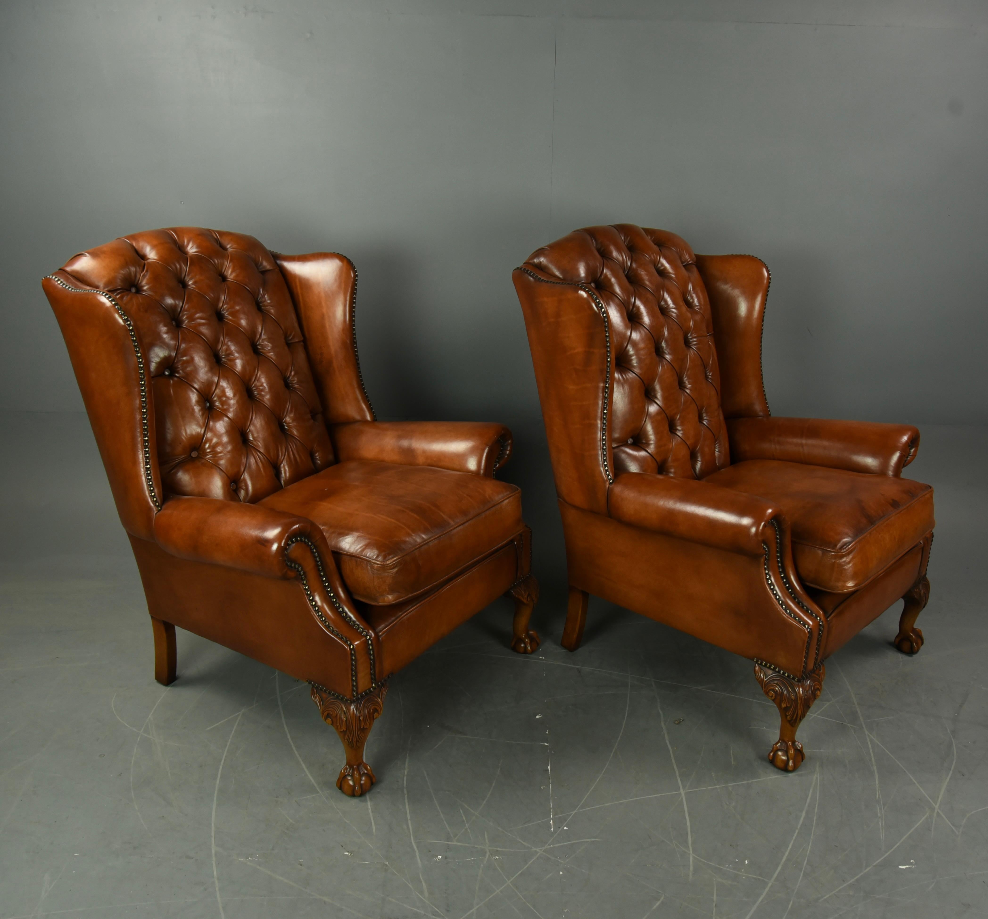 Fine Quality pair of leather wing chairs .
The chairs have been fully re furbished to the highest standards.
They have been upholstered in the finest leather and have been hand dyed and finished to the highest standard.
They stand on fine carved