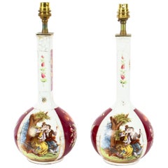 Antique Pair of German Dresden Style Porcelain Lamps, Early 20th Century