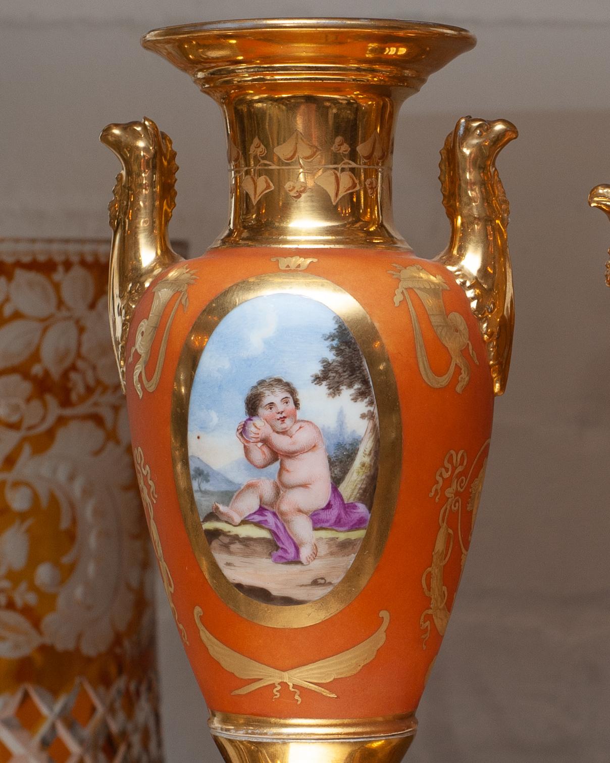 Gilt Antique Pair of German Hand Painted and Gilded Urns Vases For Sale