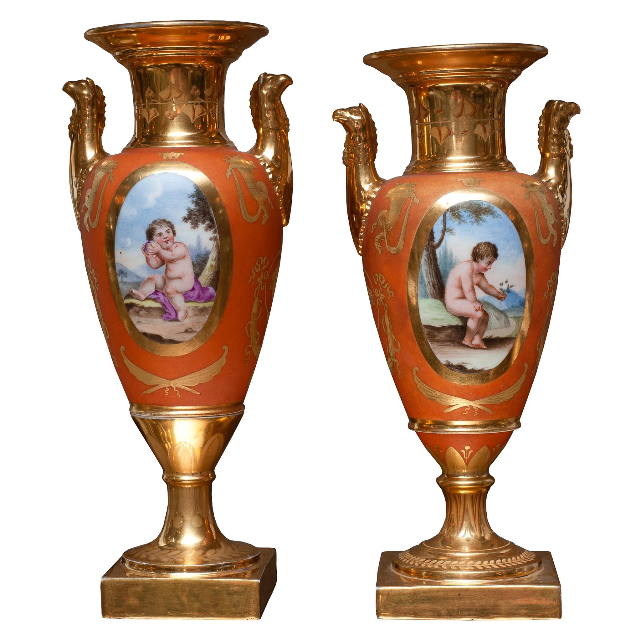 Antique Pair of German Hand Painted and Gilded Urns Vases For Sale