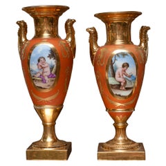 Antique Pair of German Hand Painted and Gilded Urns Vases