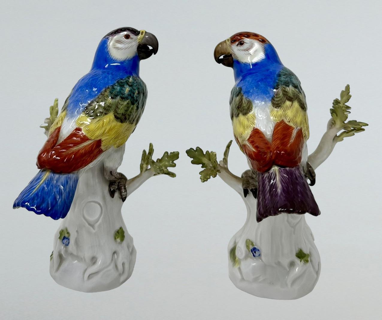 Ceramic Antique Pair of German Meissen Continental Parrots Birds Green Gilt 19th Century For Sale
