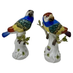 Vintage Pair of German Meissen Continental Parrots Birds Green Gilt 19th Century