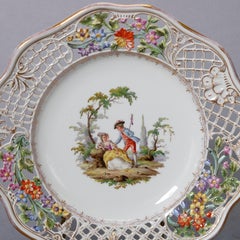 Antique Pair of German Meissen Pictorial & Reticulated Porcelain Plates