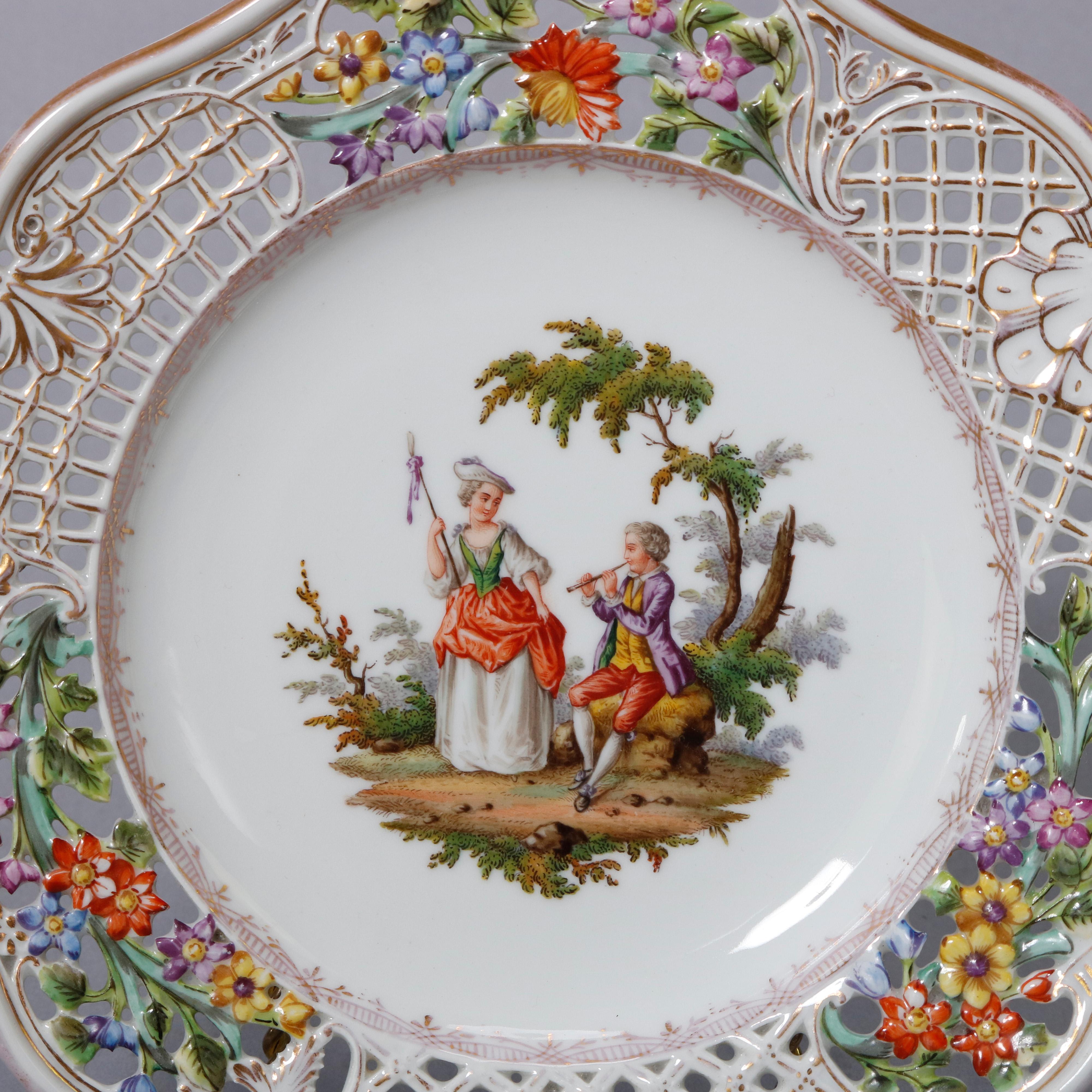 Victorian Antique Pair of German Meissen Pictorial & Reticulated Porcelain Plates
