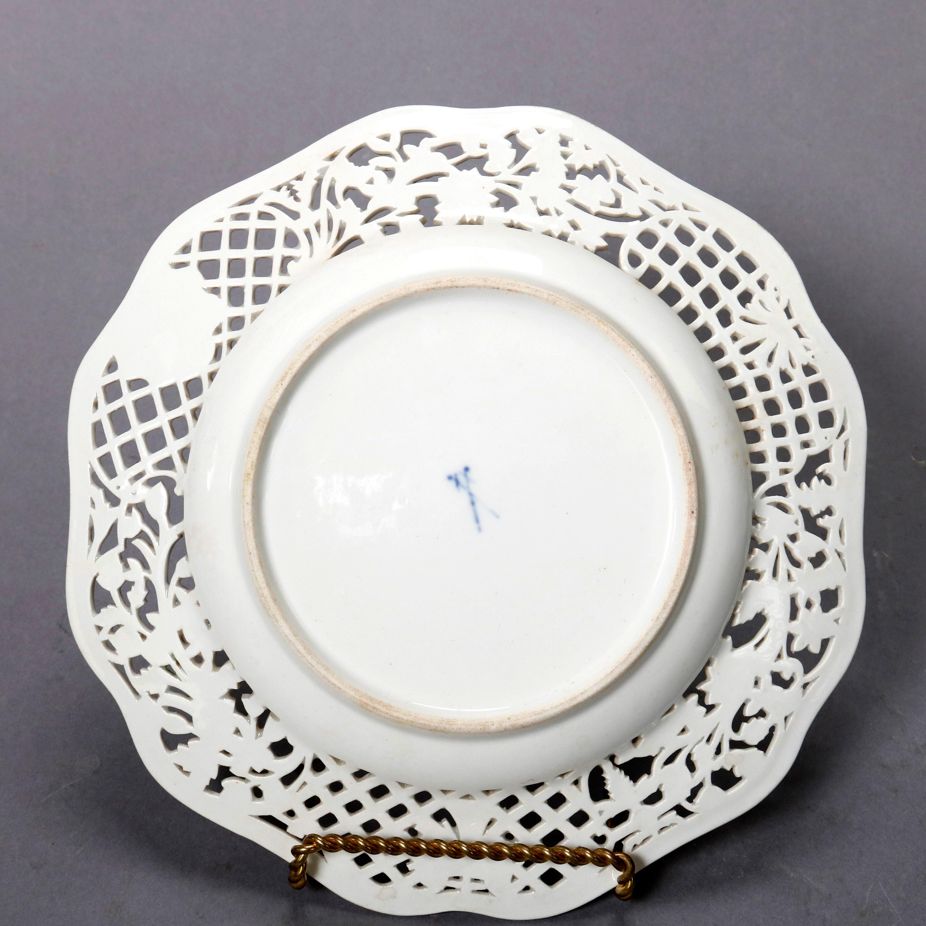 Gilt Antique Pair of German Meissen Pictorial & Reticulated Porcelain Plates