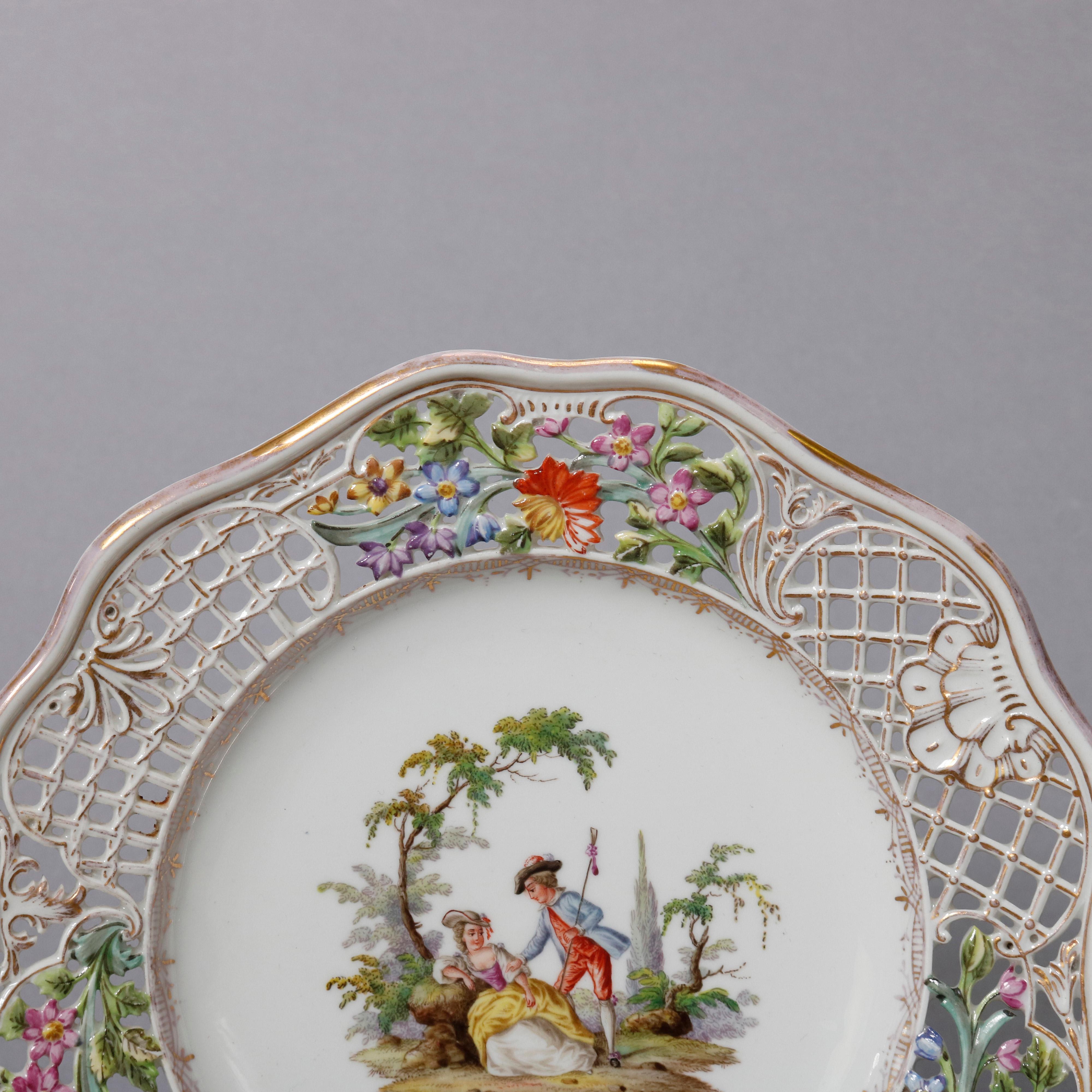 Antique Pair of German Meissen Pictorial & Reticulated Porcelain Plates In Good Condition In Big Flats, NY