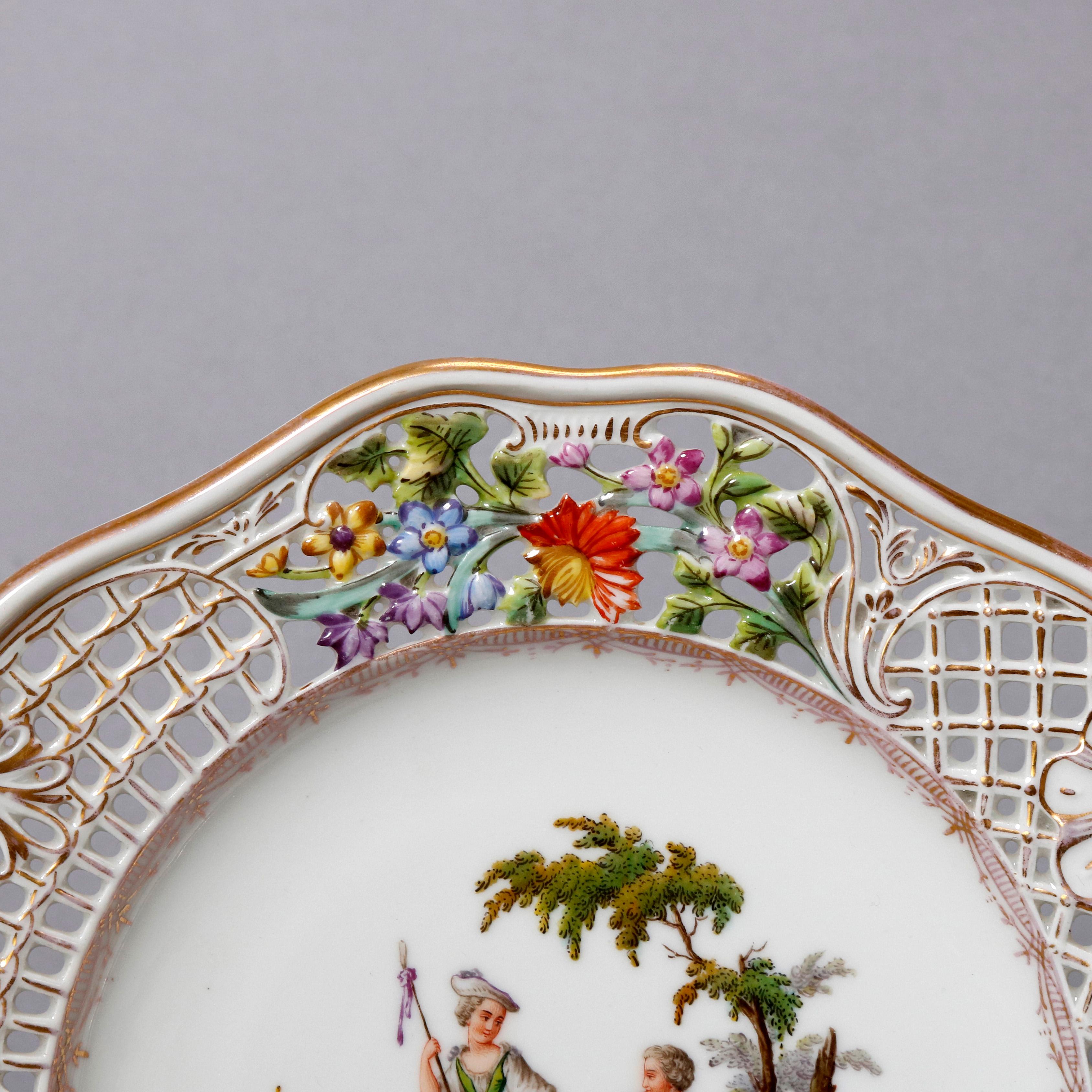 19th Century Antique Pair of German Meissen Pictorial & Reticulated Porcelain Plates