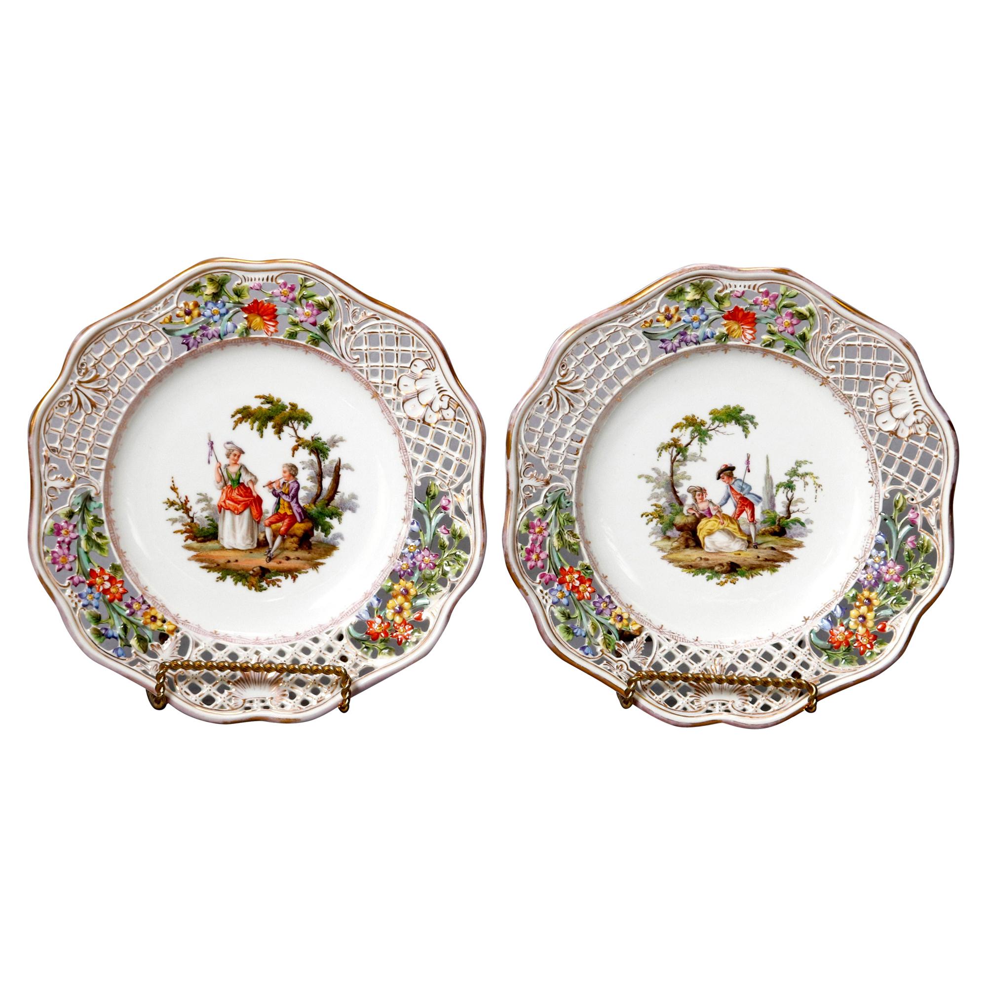 Antique Pair of German Meissen Pictorial & Reticulated Porcelain Plates
