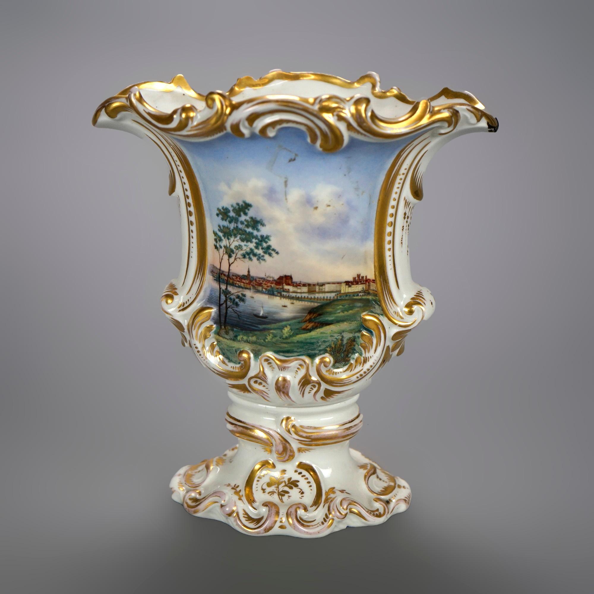 Hand-Painted Antique Pair of German Porcelain Hand Painted & Gilt Scenic Vases 19th C For Sale