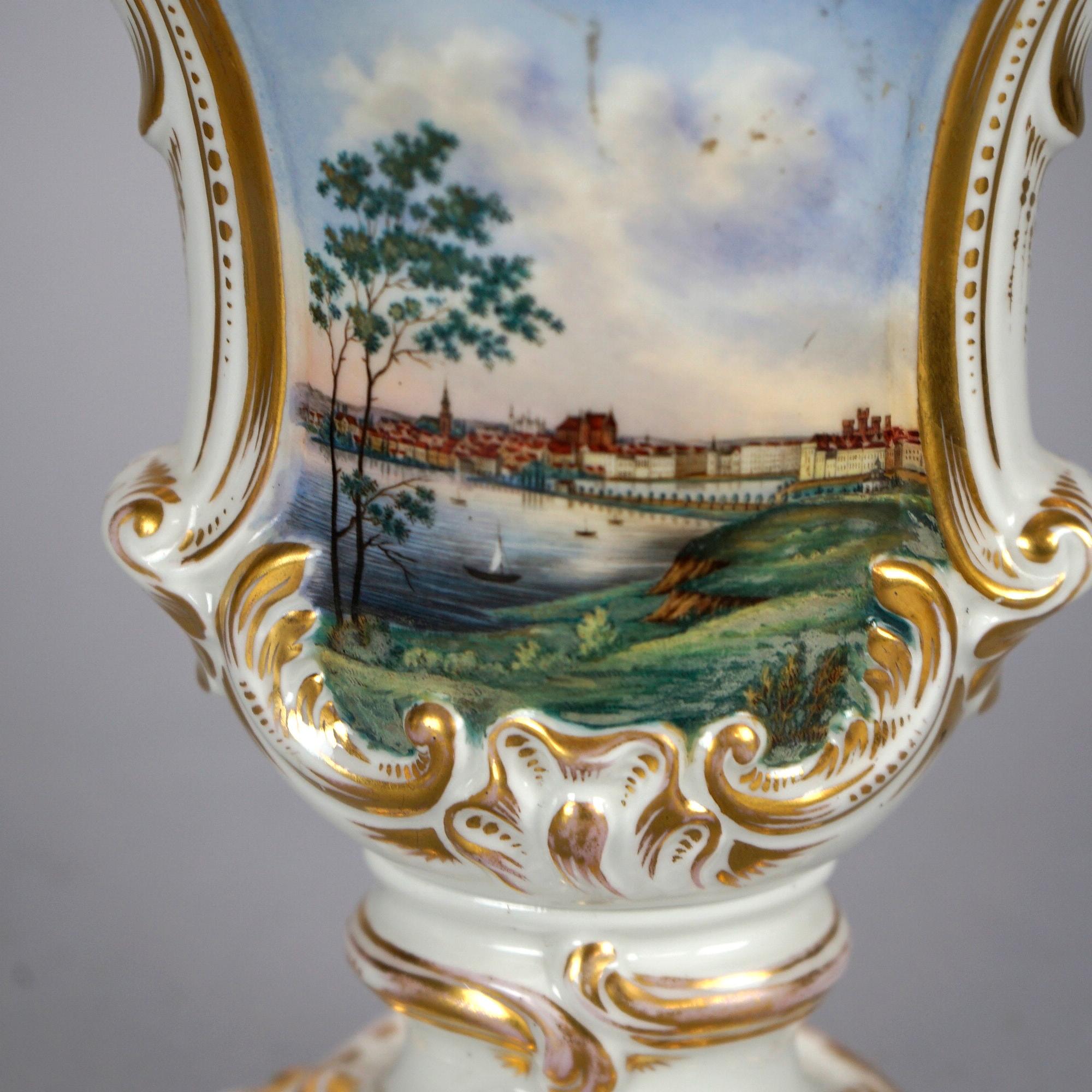 Antique Pair of German Porcelain Hand Painted & Gilt Scenic Vases 19th C In Good Condition For Sale In Big Flats, NY