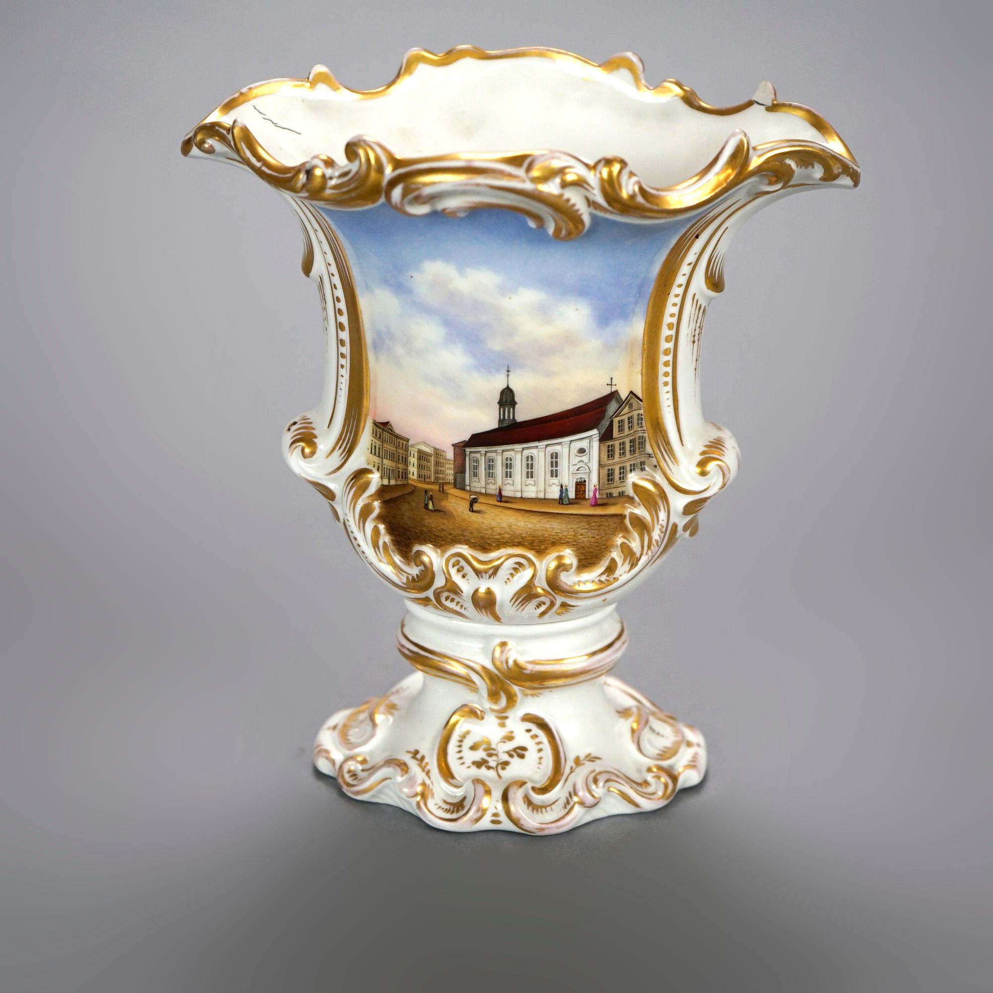 XIXe siècle Paire de vases scéniques allemands peints et dorés à la main 19ème siècle en vente