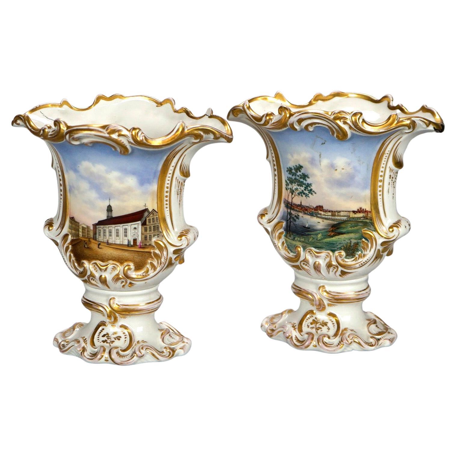 Antique Pair of German Porcelain Hand Painted & Gilt Scenic Vases 19th C For Sale