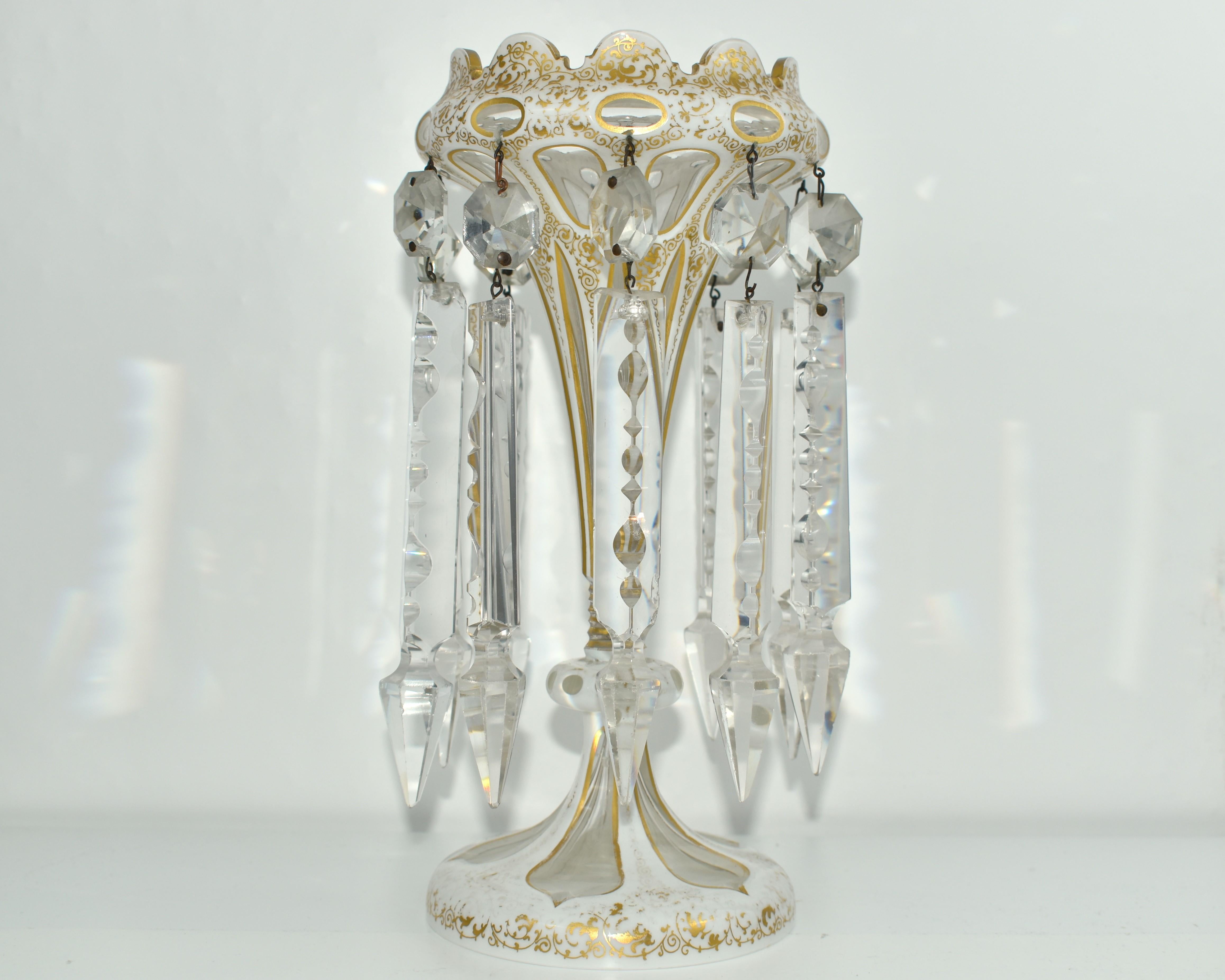 ANTIQUE PAIR OF GILDED BOHEMIAN OVERLAY CRYSTAL GLASS LUSTRES, 19th CENTURY In Good Condition For Sale In Rostock, MV