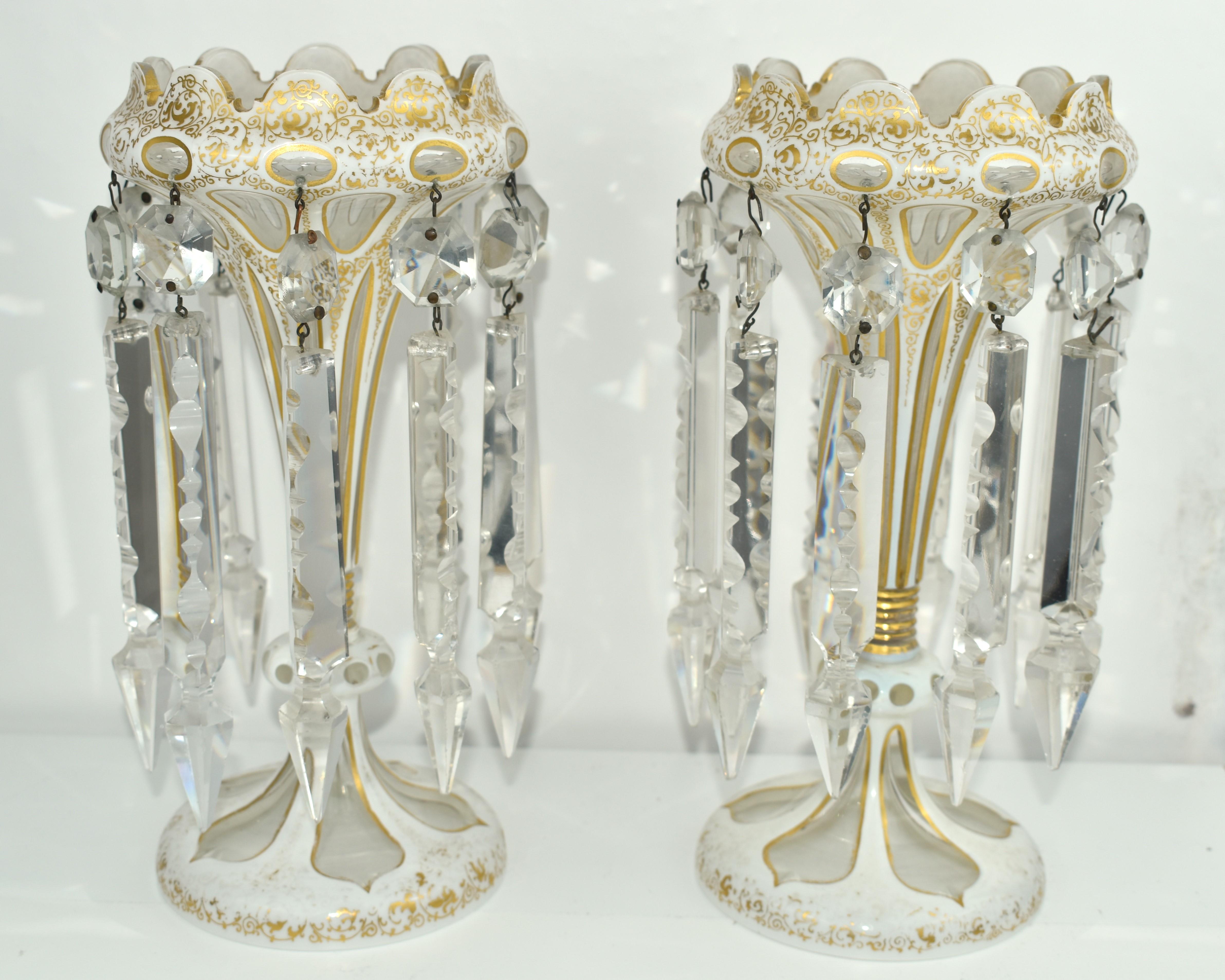 ANTIQUE PAIR OF GILDED BOHEMIAN OVERLAY CRYSTAL GLASS LUSTRES LUSTRES, 19. Jahrhundert (Vergoldet) im Angebot