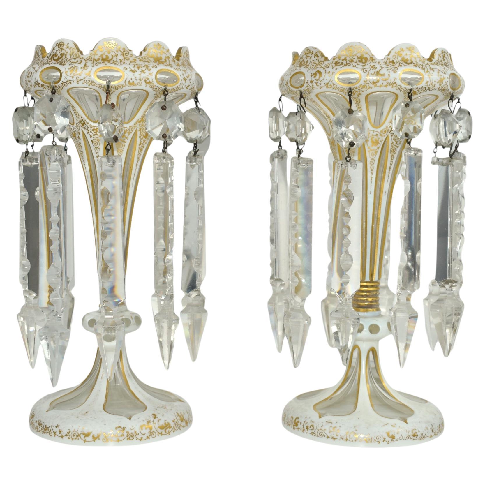 ANTIQUE PAIR OF GILDED BOHEMIAN OVERLAY CRYSTAL GLASS LUSTRES LUSTRES, 19. Jahrhundert