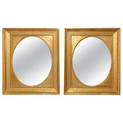 Antique Pair of Gilded Rectangular Mirrors with Oval Mirror, 19th Century Italy