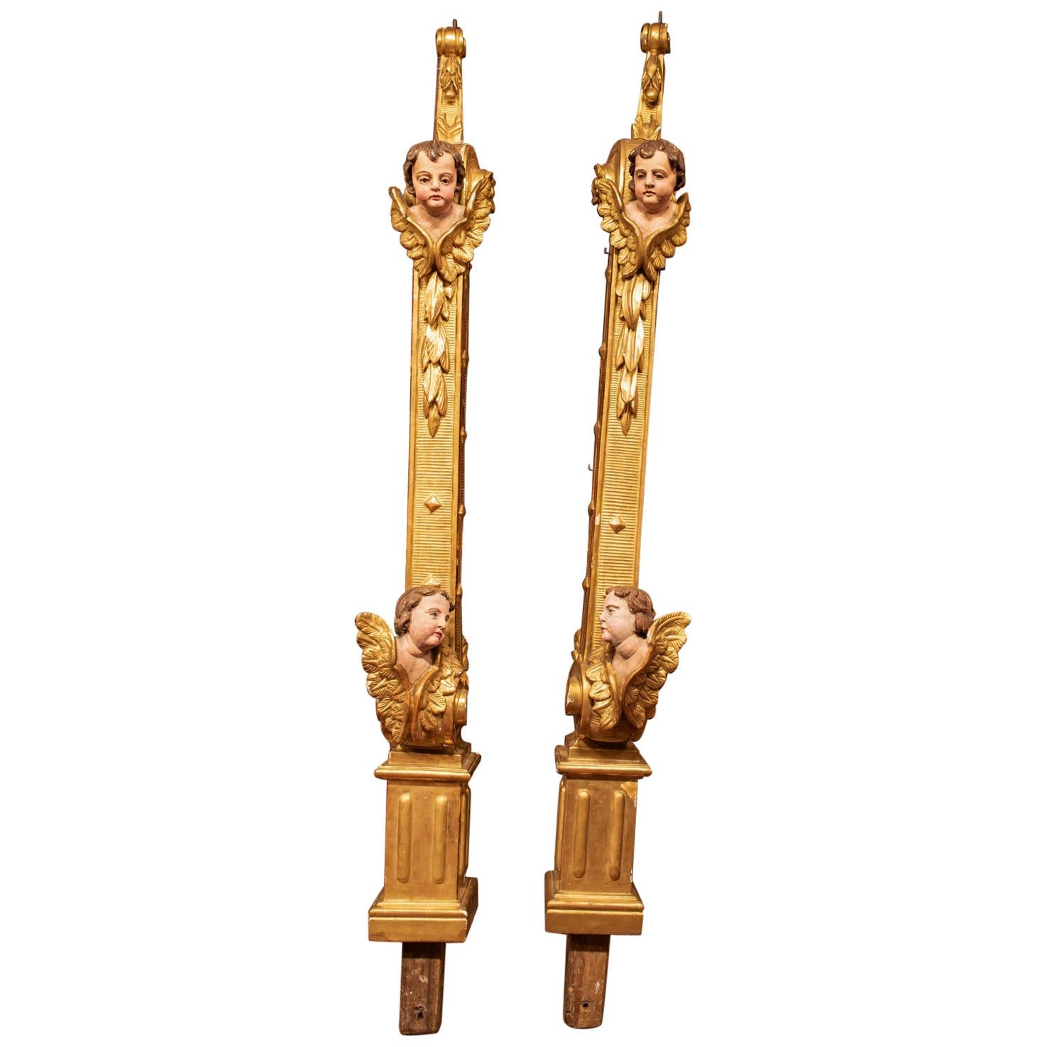 Antique Pair of Gilded Uprights / Columns with Cherubs, 18th Century, Italy
