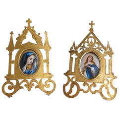 Antique Pair of Gilt Brass Gothic Photo Frames with Miniature Saint Paintings