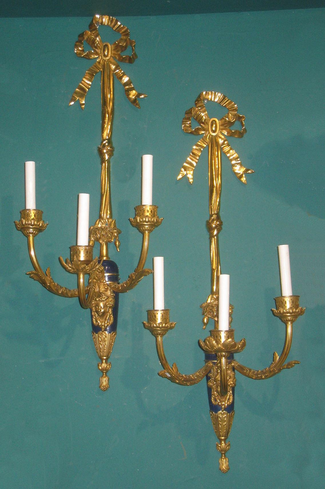 French Antique Pair of Gilt Bronze and Blue Three-Arm Wall Light Sconces For Sale
