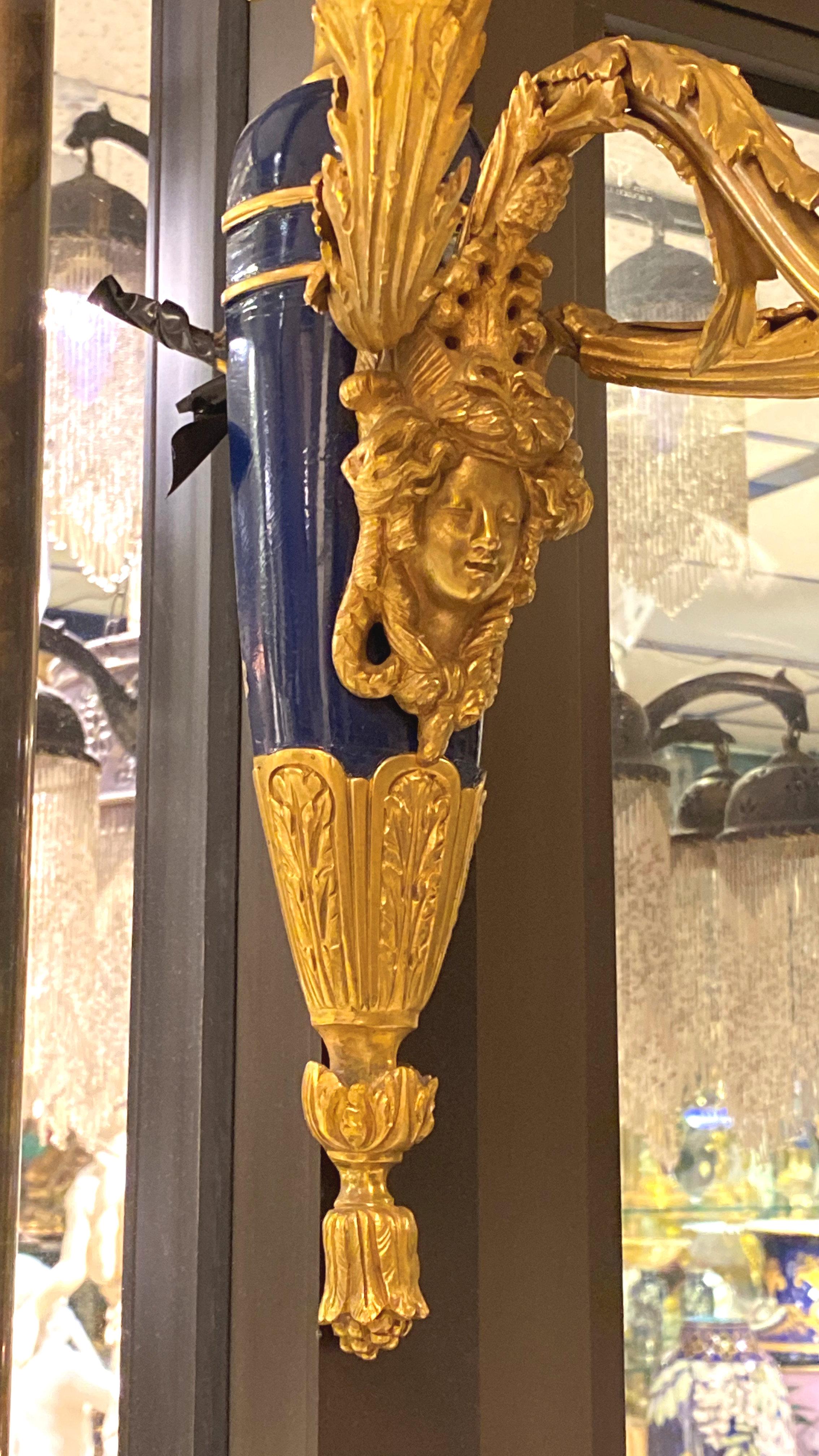 Antique Pair of Gilt Bronze and Blue Three-Arm Wall Light Sconces In Excellent Condition For Sale In New York, NY
