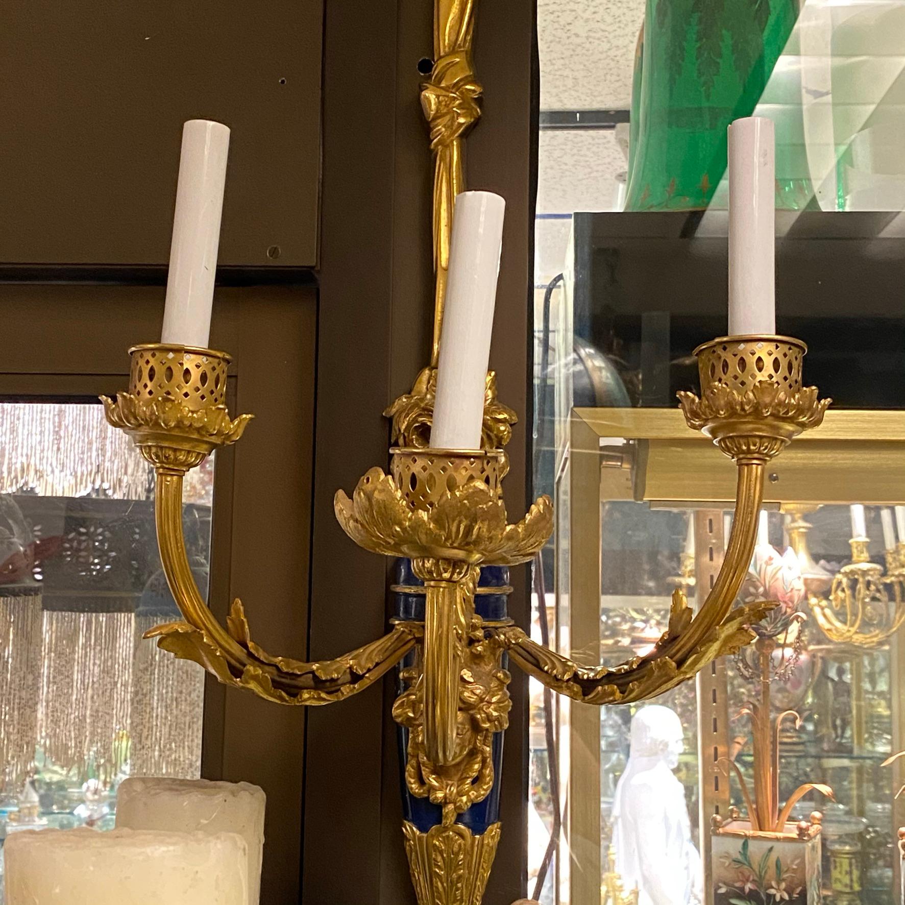 Antique Pair of Gilt Bronze and Blue Three-Arm Wall Light Sconces For Sale 3
