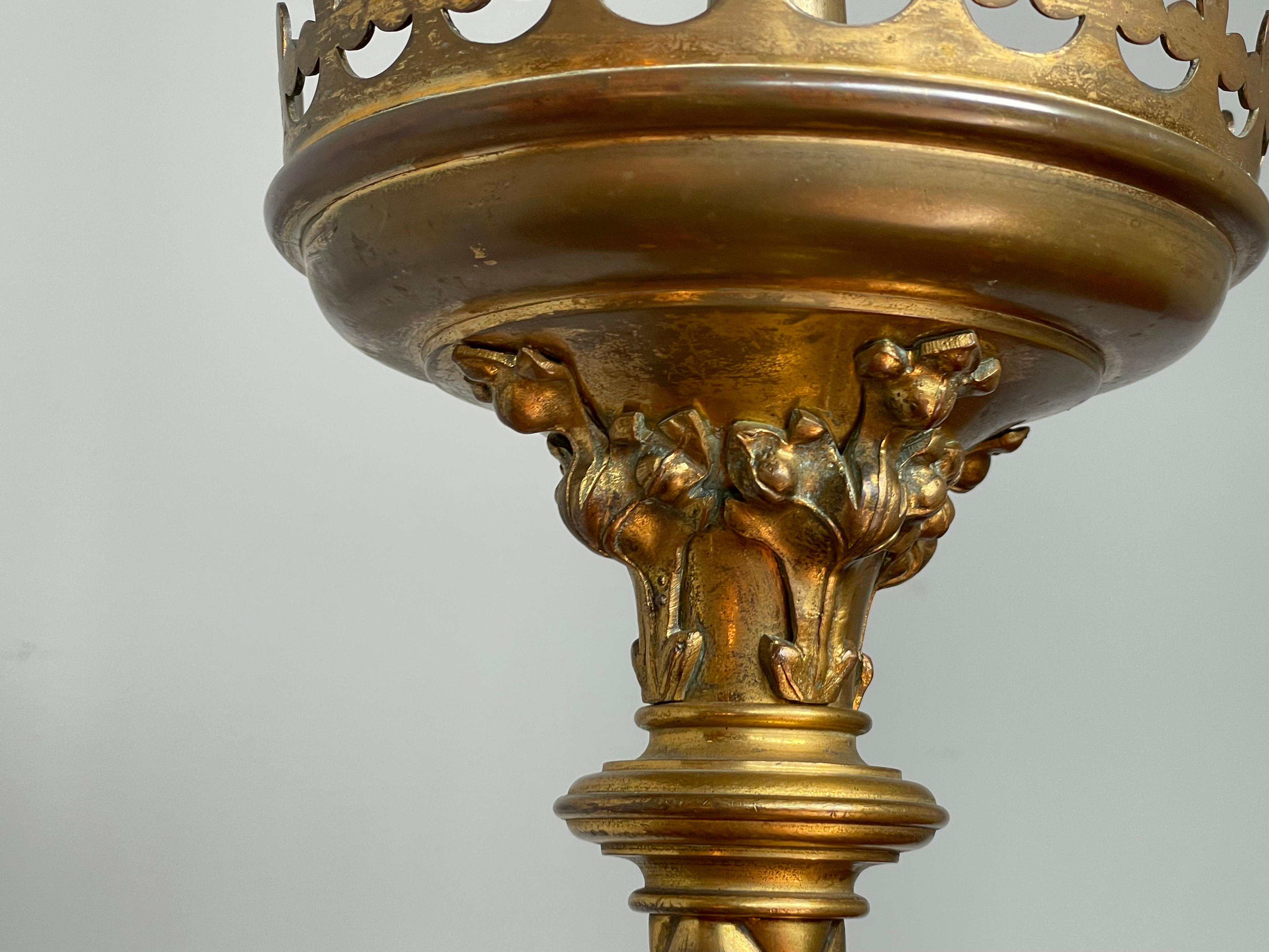 Antique Pair of Gilt Bronze & Brass & Enamel Gothic Revival Church Candlesticks For Sale 4