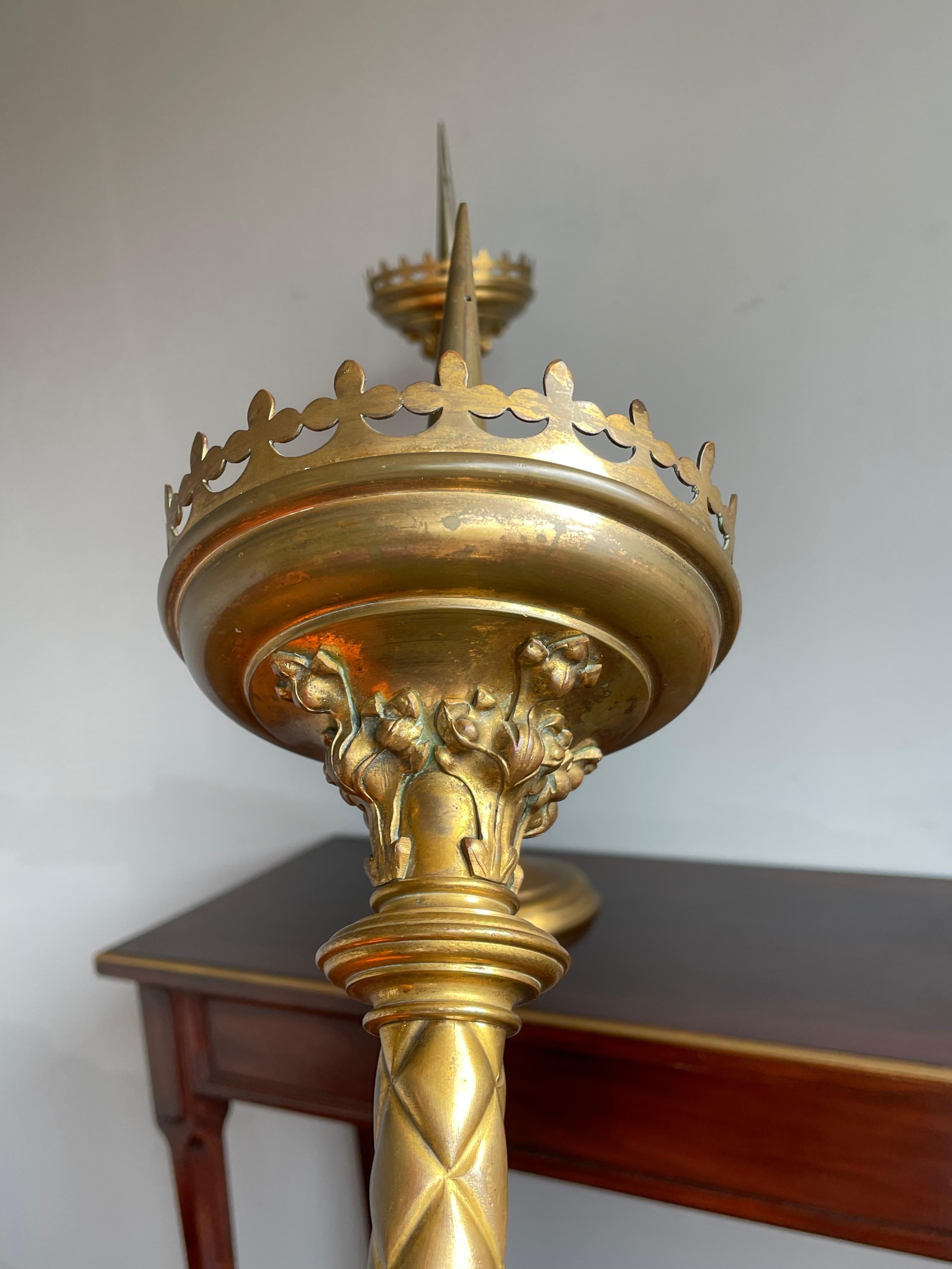 Antique Pair of Gilt Bronze & Brass & Enamel Gothic Revival Church Candlesticks For Sale 5