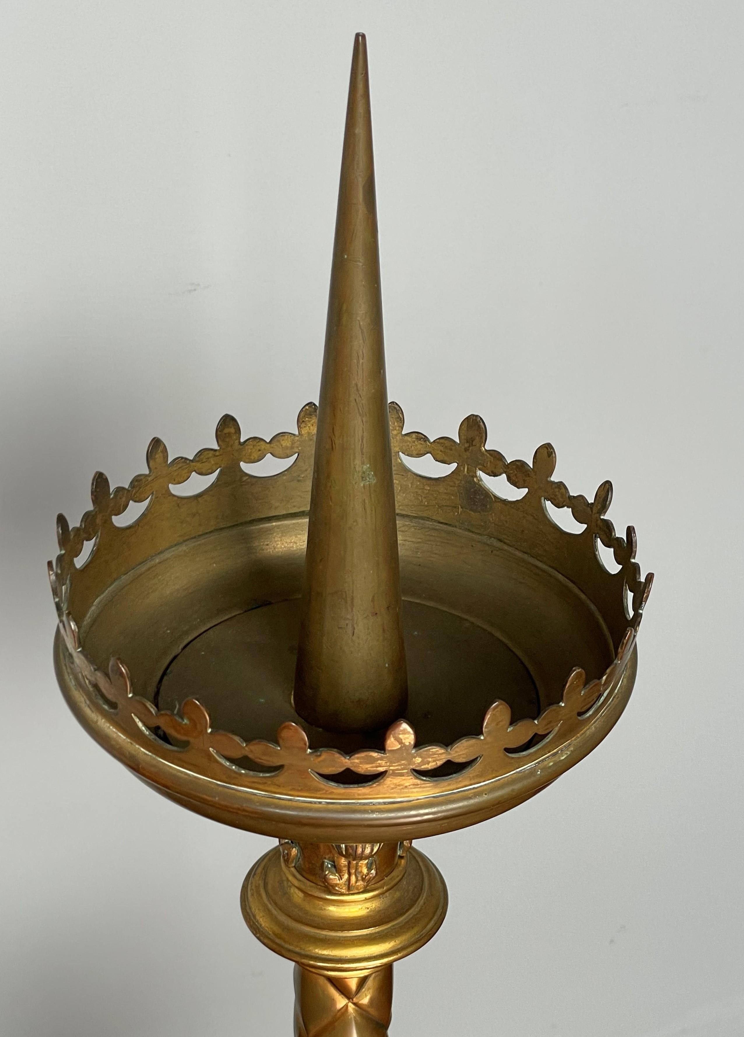 Antique Pair of Gilt Bronze & Brass & Enamel Gothic Revival Church Candlesticks For Sale 6