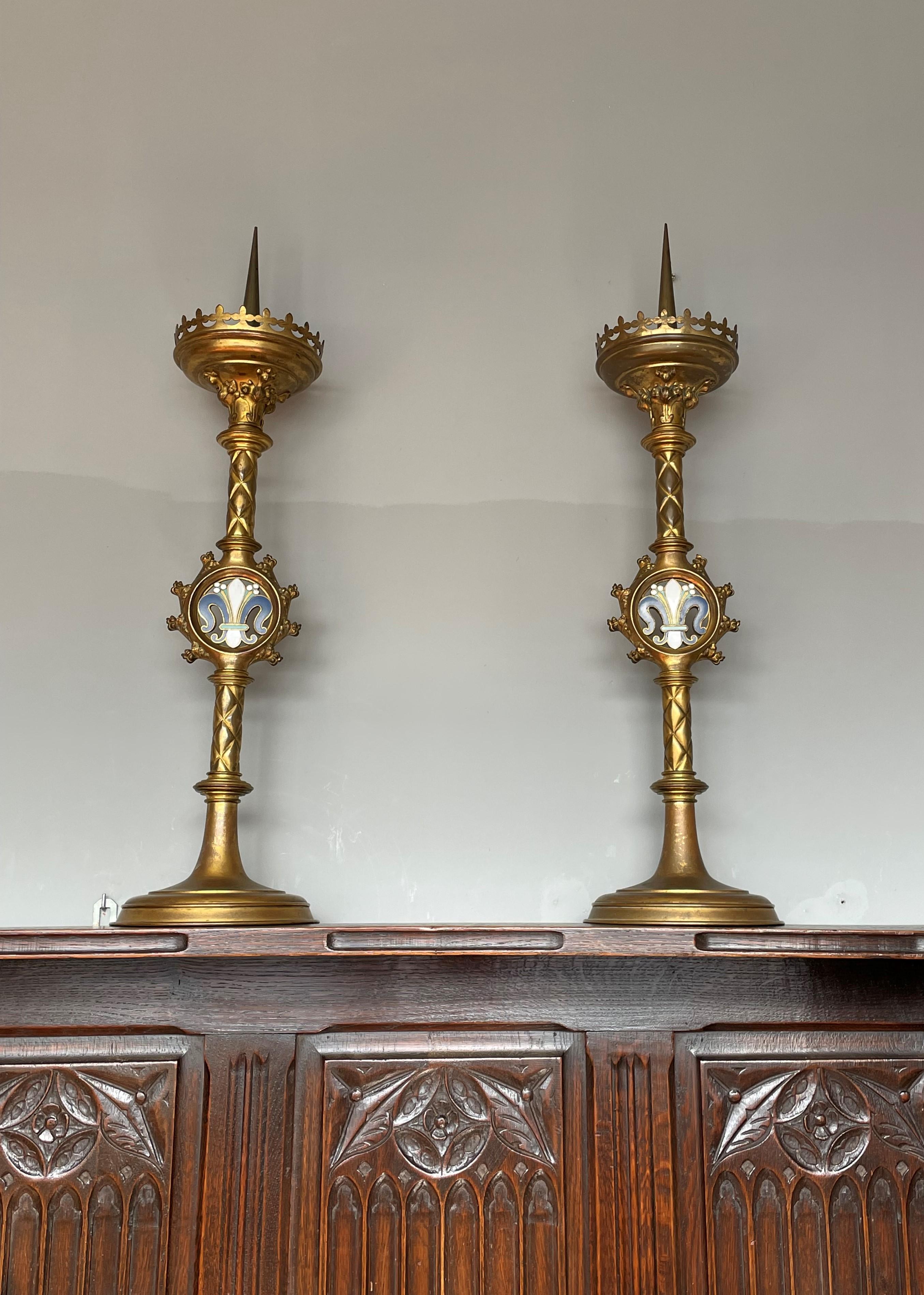 Antique Pair of Gilt Bronze & Brass & Enamel Gothic Revival Church Candlesticks For Sale 8
