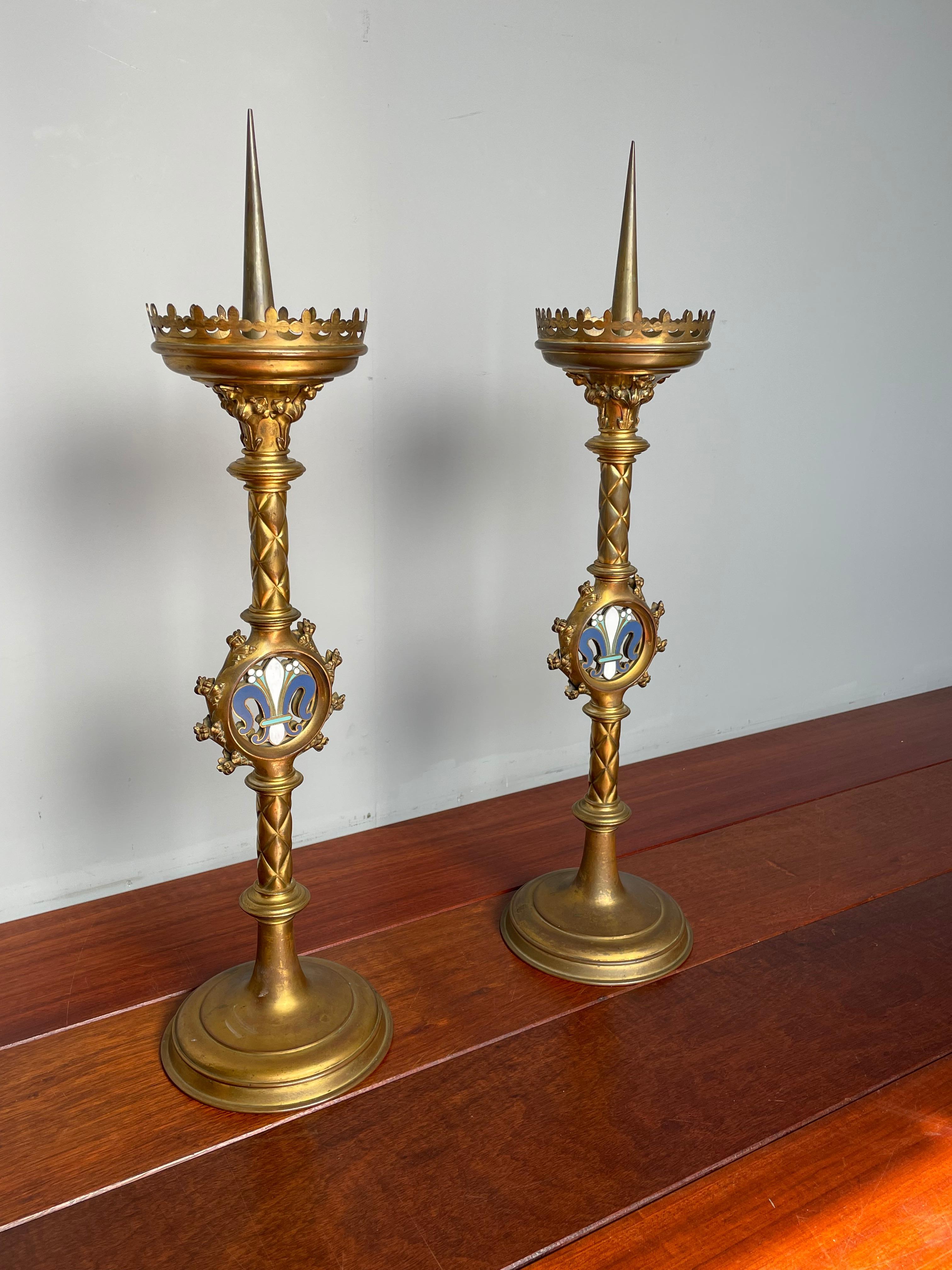 Antique Pair of Gilt Bronze & Brass & Enamel Gothic Revival Church Candlesticks For Sale 10