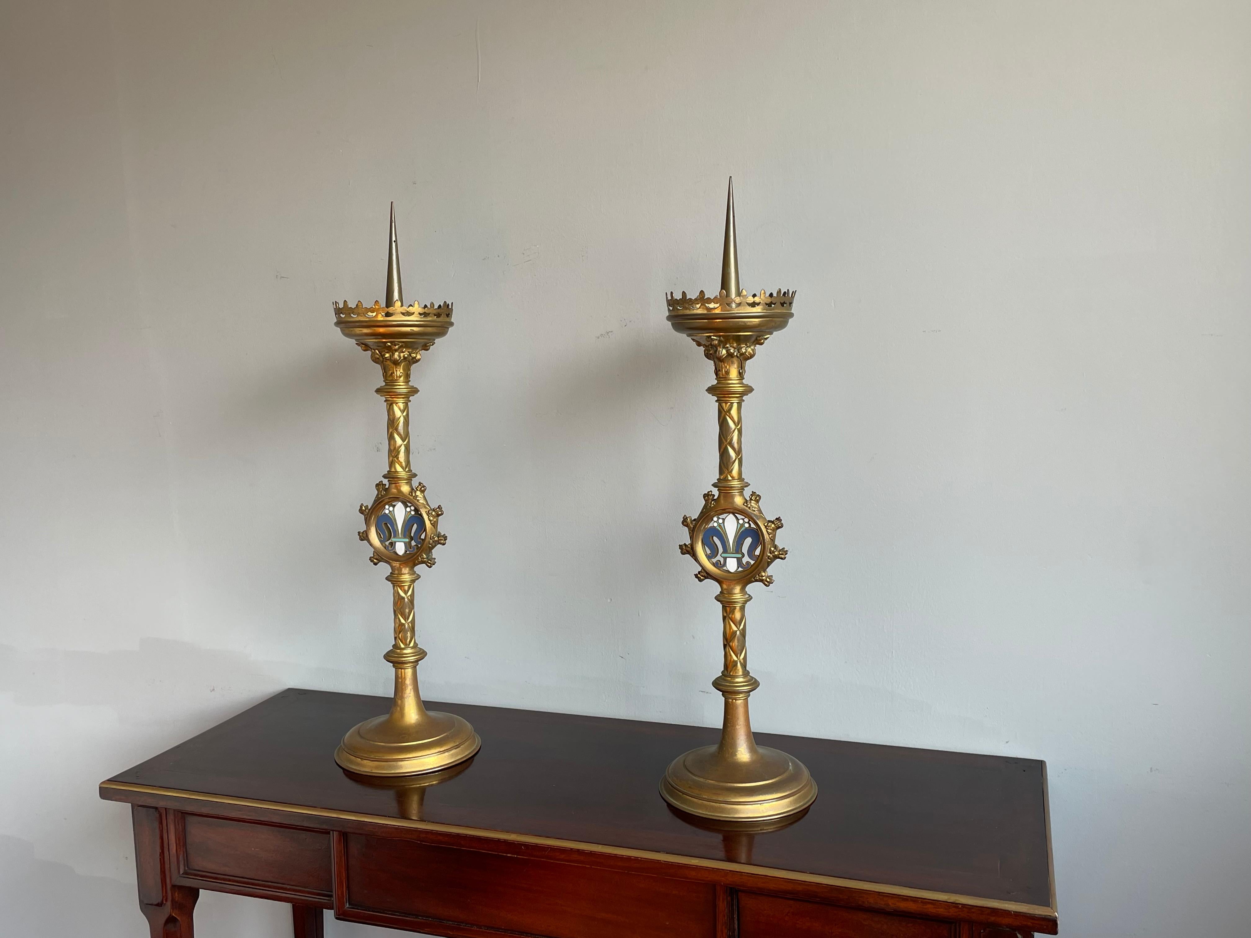 Antique Pair of Gilt Bronze & Brass & Enamel Gothic Revival Church Candlesticks For Sale 11