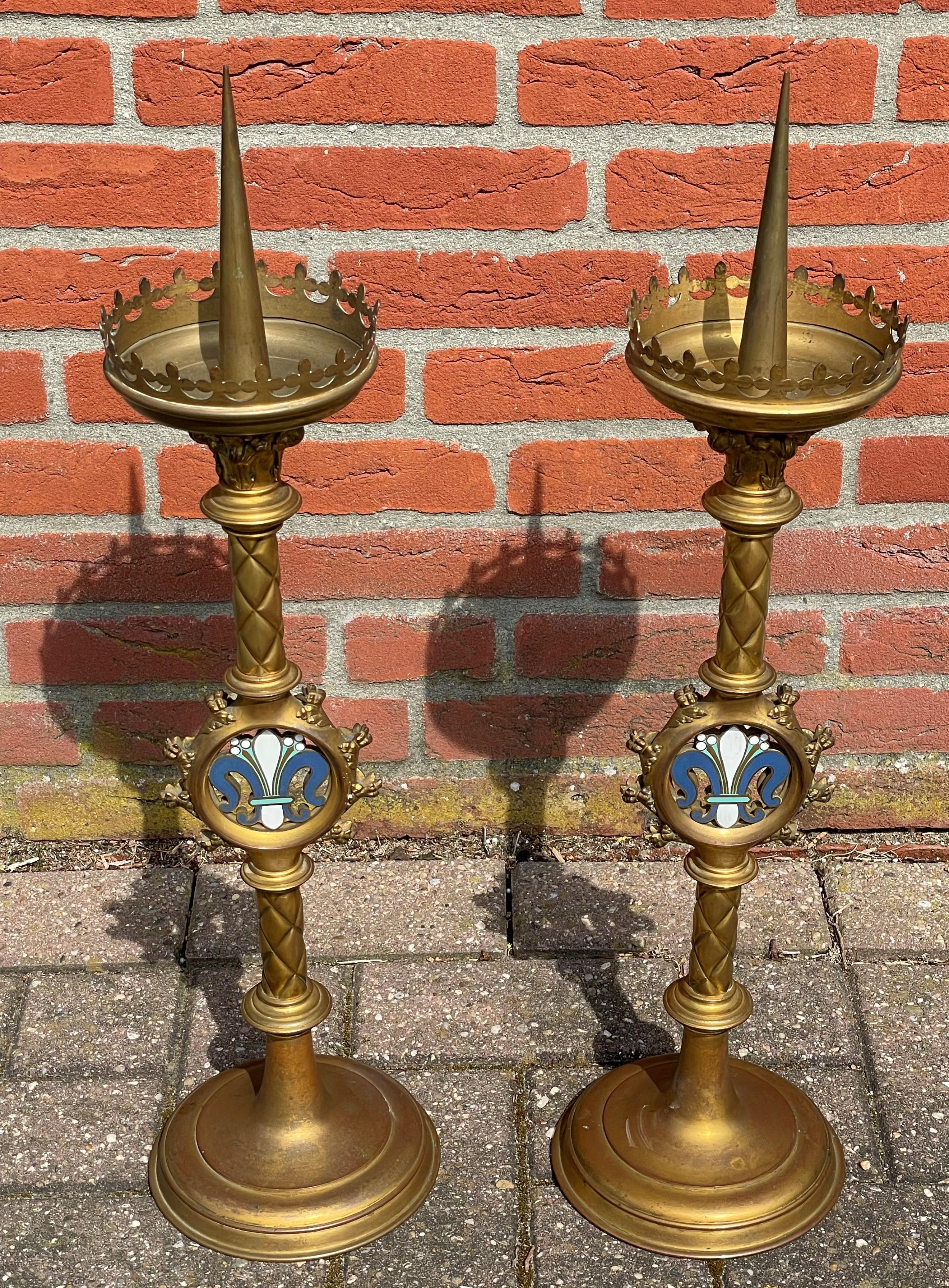 French Antique Pair of Gilt Bronze & Brass & Enamel Gothic Revival Church Candlesticks For Sale