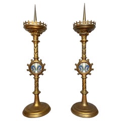 Antique Pair of Gilt Bronze & Brass & Enamel Gothic Revival Church Candlesticks