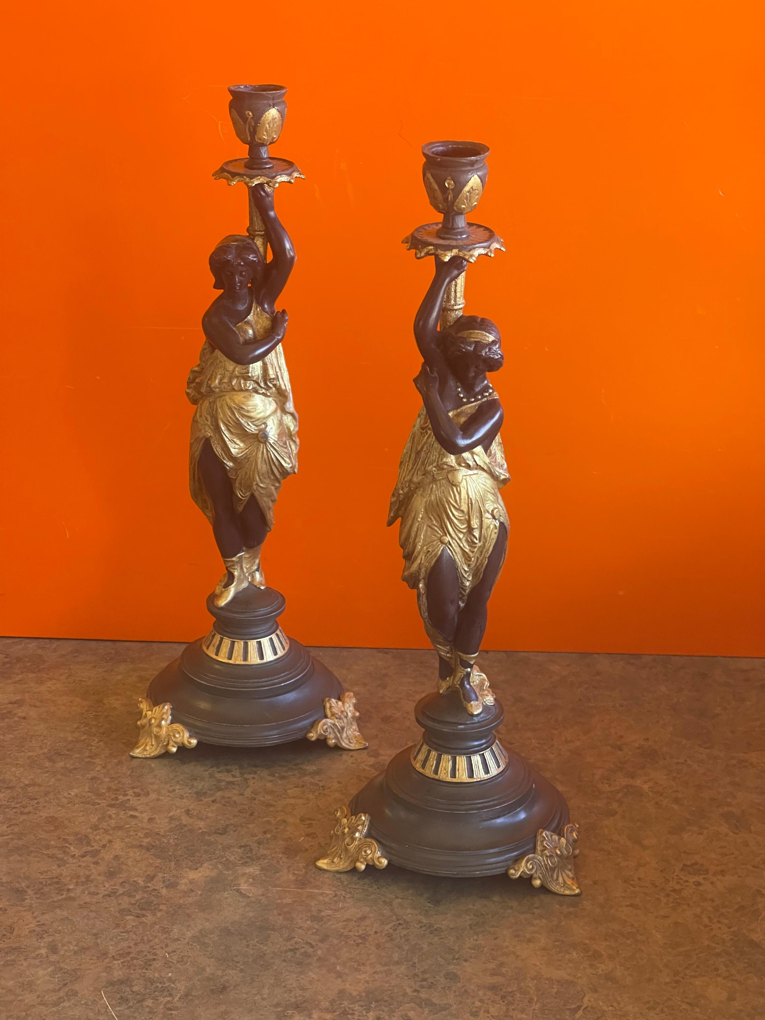 Regency Antique Pair of Gilt Bronze Figurative Candlesticks
