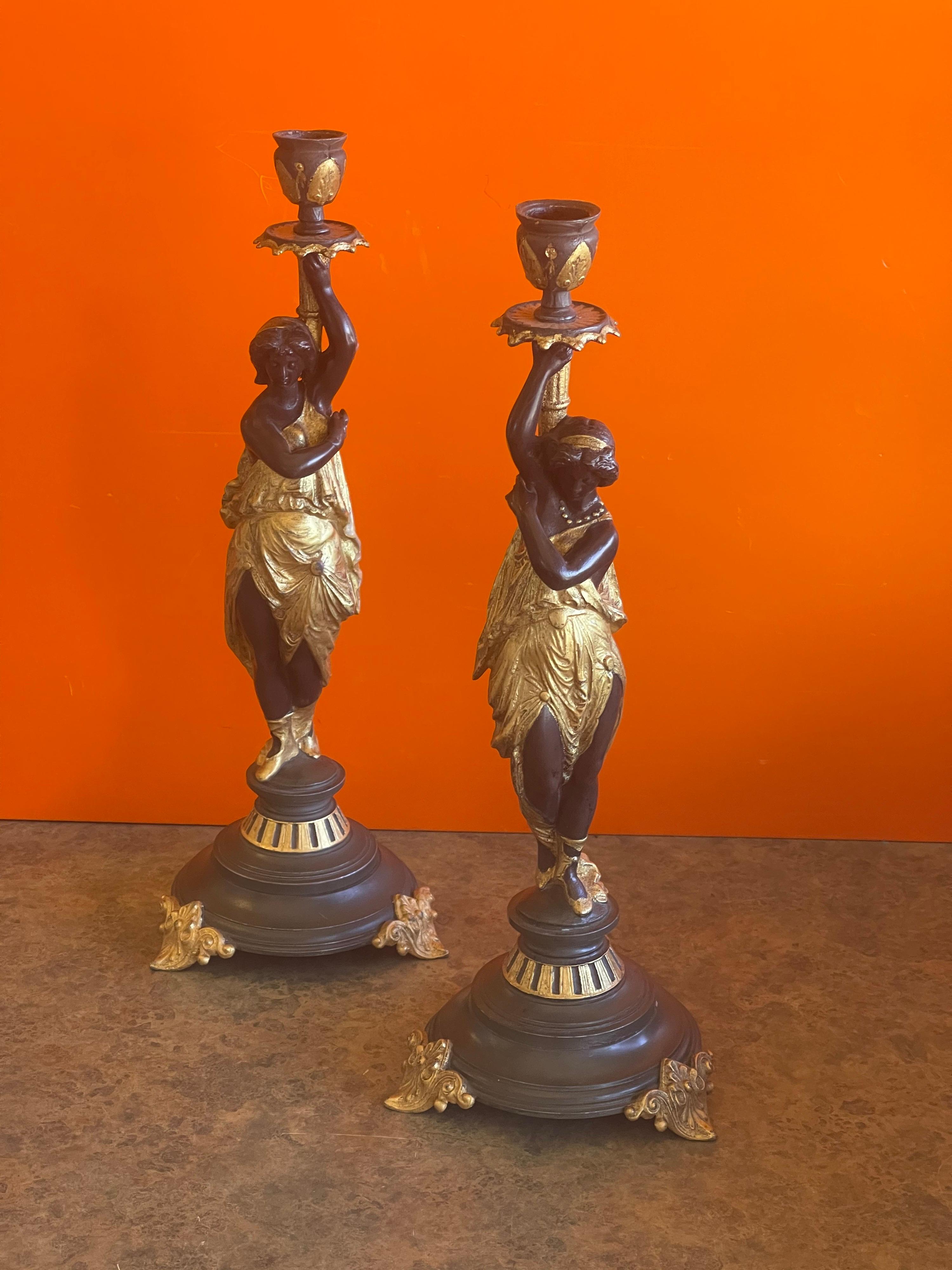 North American Antique Pair of Gilt Bronze Figurative Candlesticks