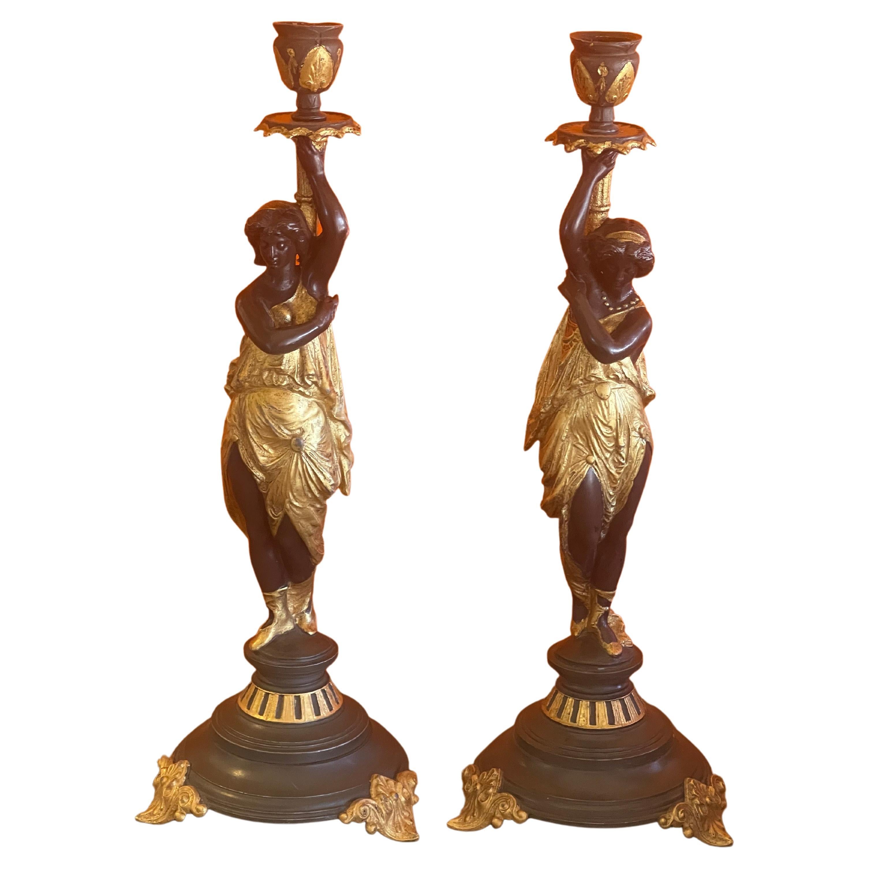 Antique Pair of Gilt Bronze Figurative Candlesticks