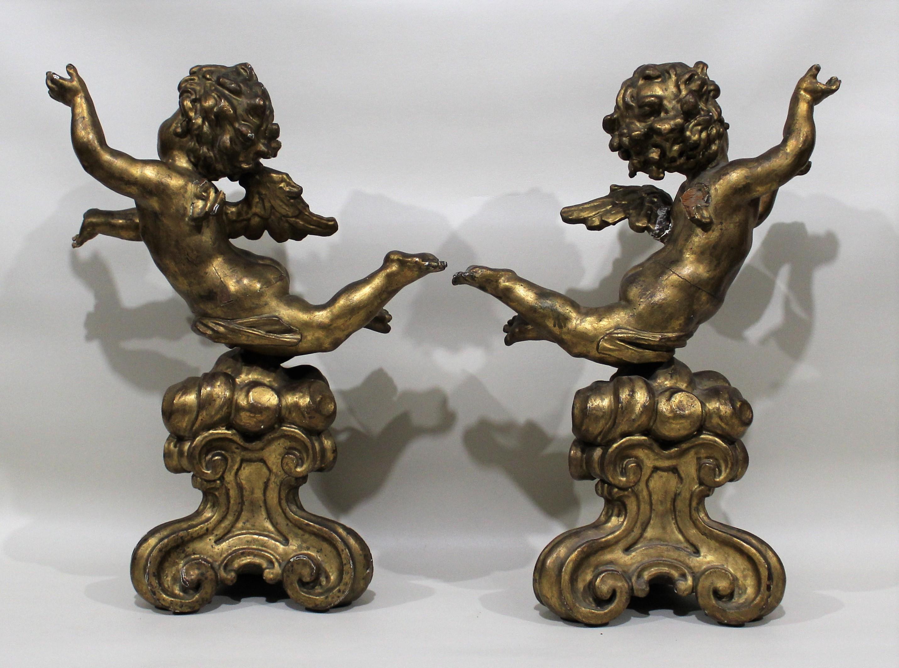 19th Century Antique Pair of Gilt Carved Wood Putti Figures