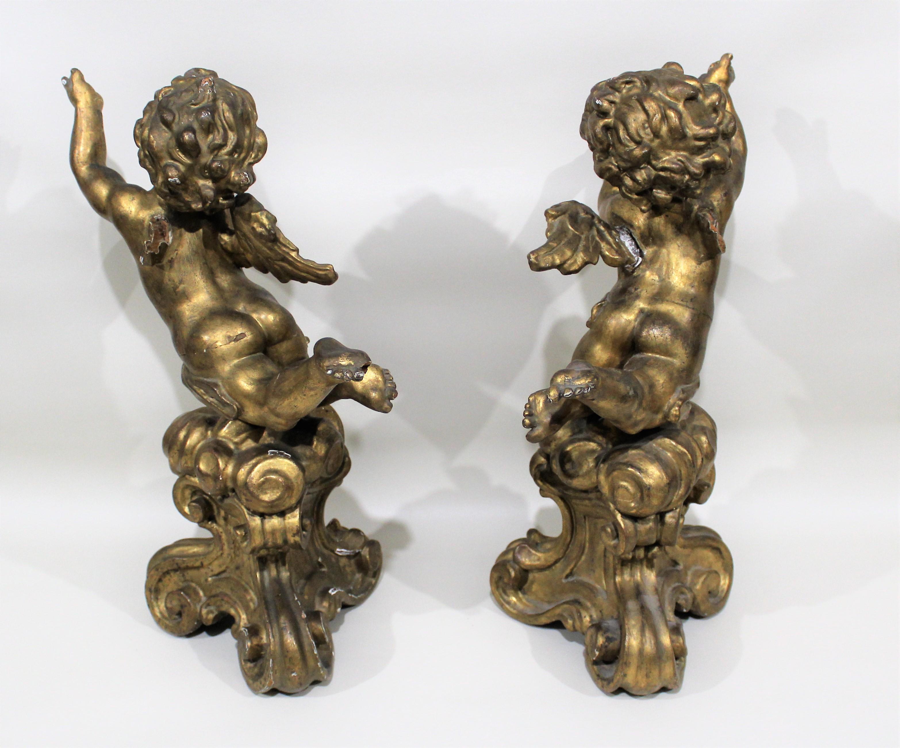 Antique Pair of Gilt Carved Wood Putti Figures 1