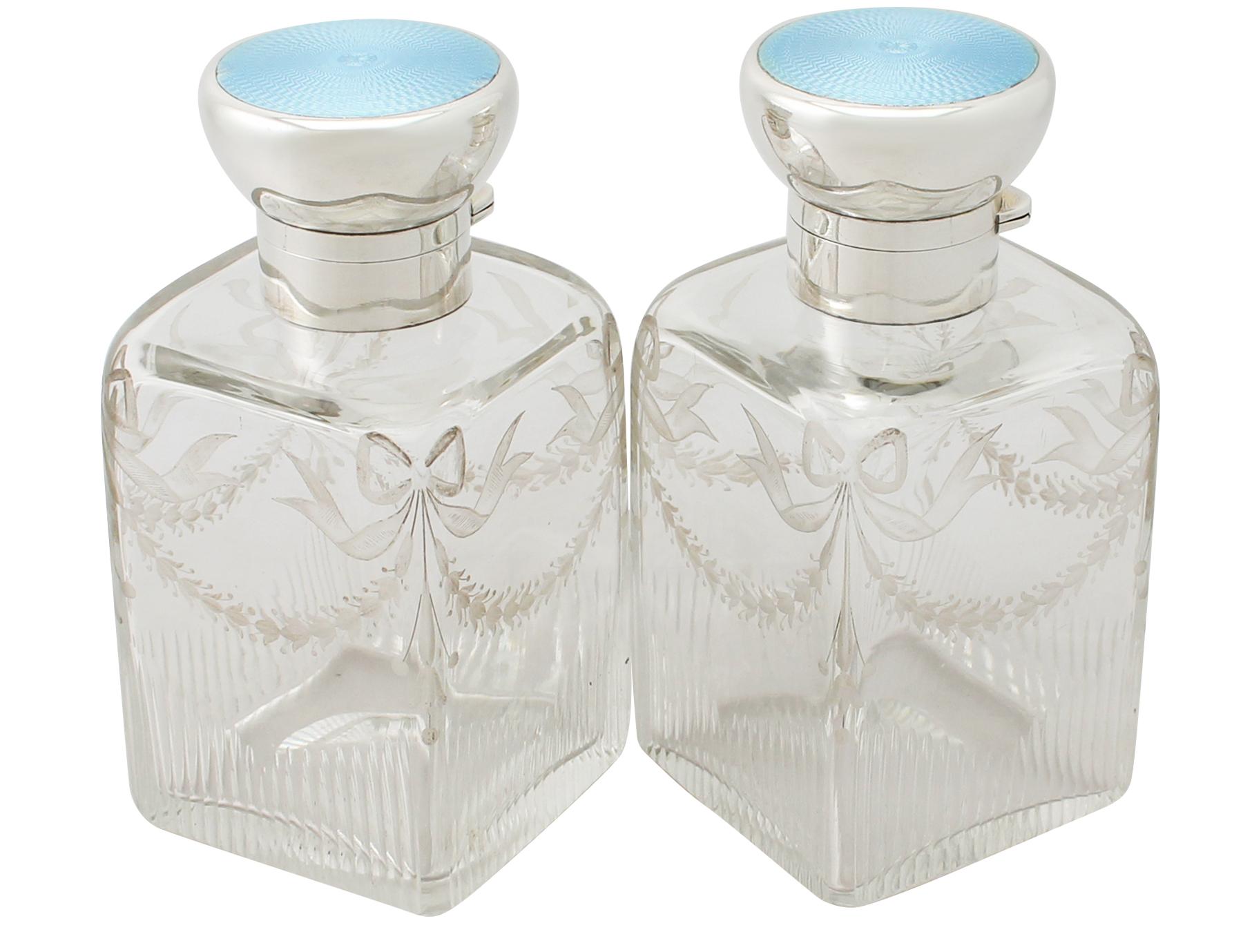 Antique Pair of Glass Sterling Silver and Enamel Cologne Bottles