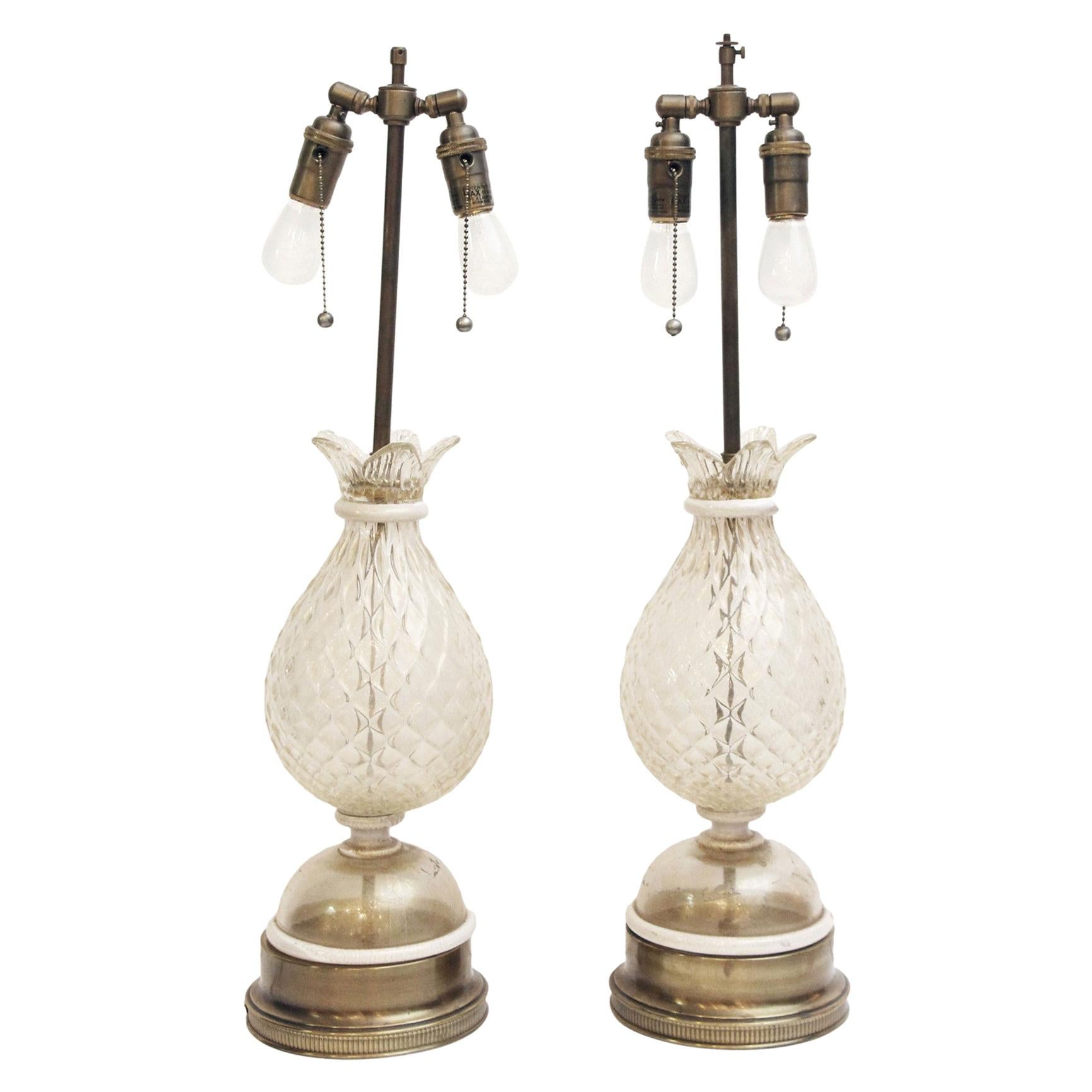 Antique Pair Gold Flecked Murano Glass Table Lamps Italy, 1940s