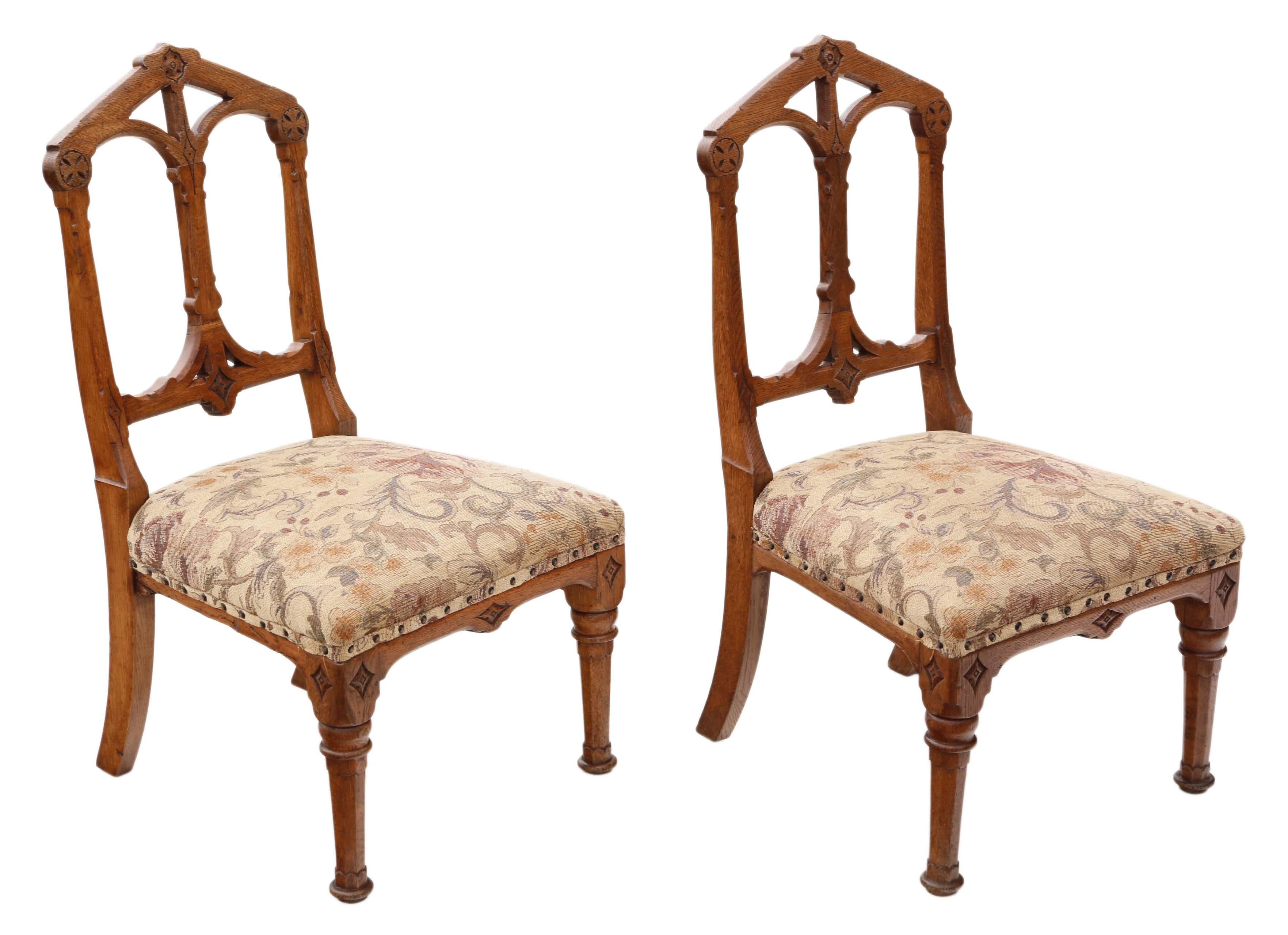 Late 19th Century Antique Pair of Gothic Oak Side Hall Bedroom Chairs