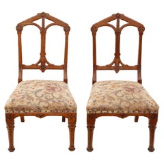 Antique Pair of Gothic Oak Side Hall Bedroom Chairs