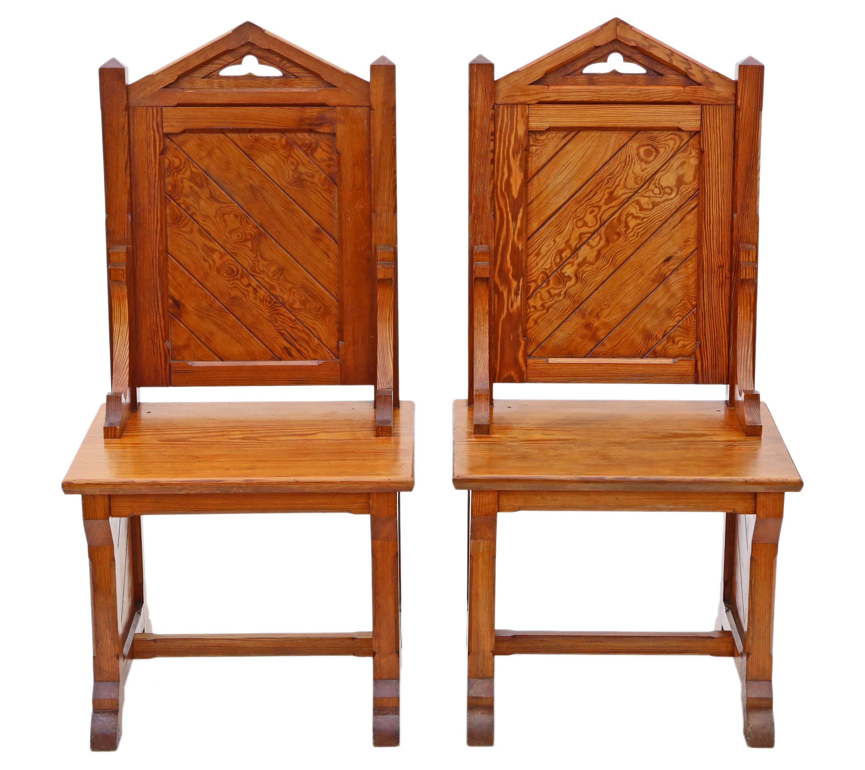 Antique Pair of Gothic Pitch Pine Throne Side Hall Bedroom Chairs In Good Condition For Sale In Wisbech, Cambridgeshire